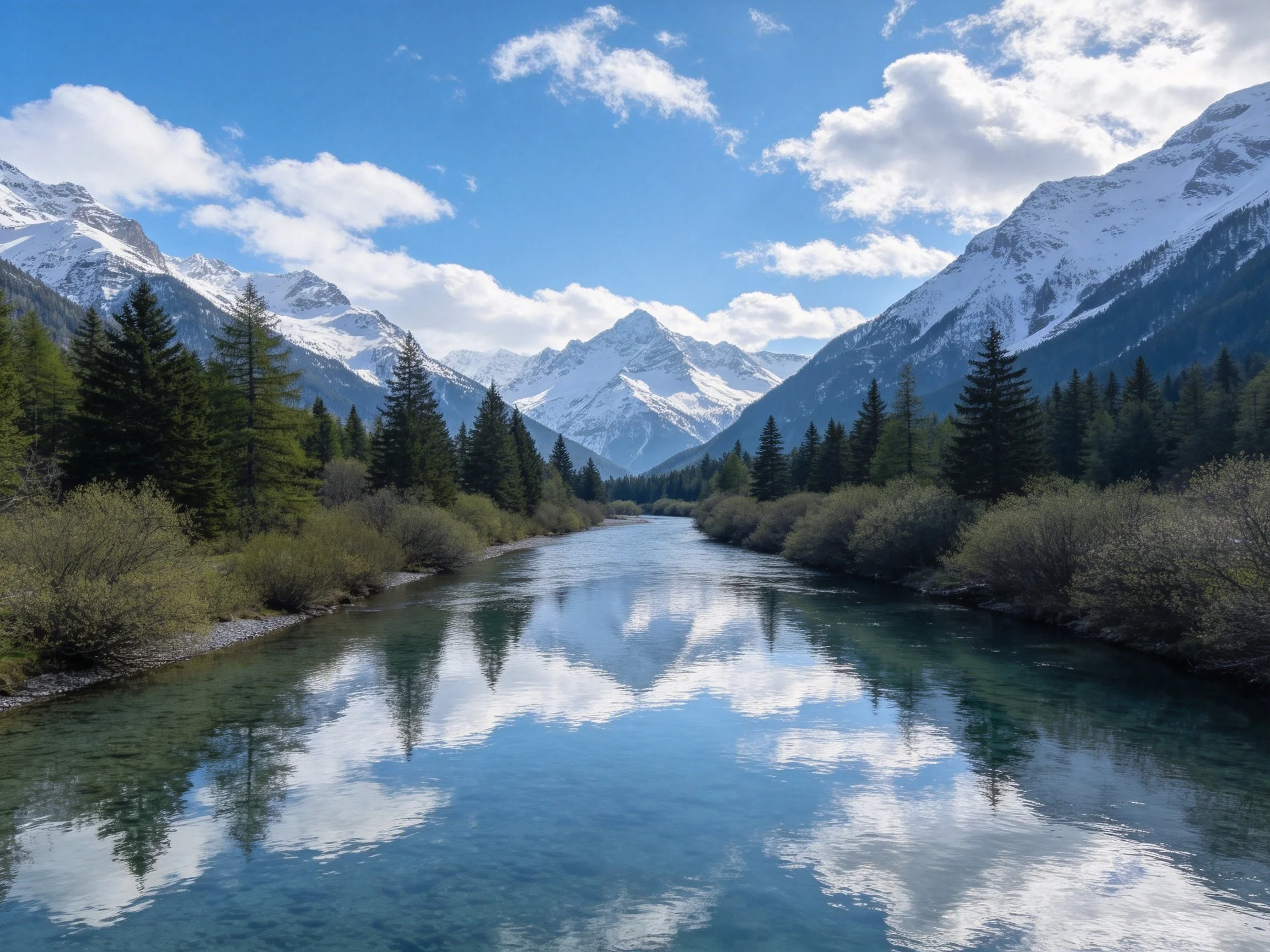 Clear river reflects snowy peaks and blue sky amidst green forests