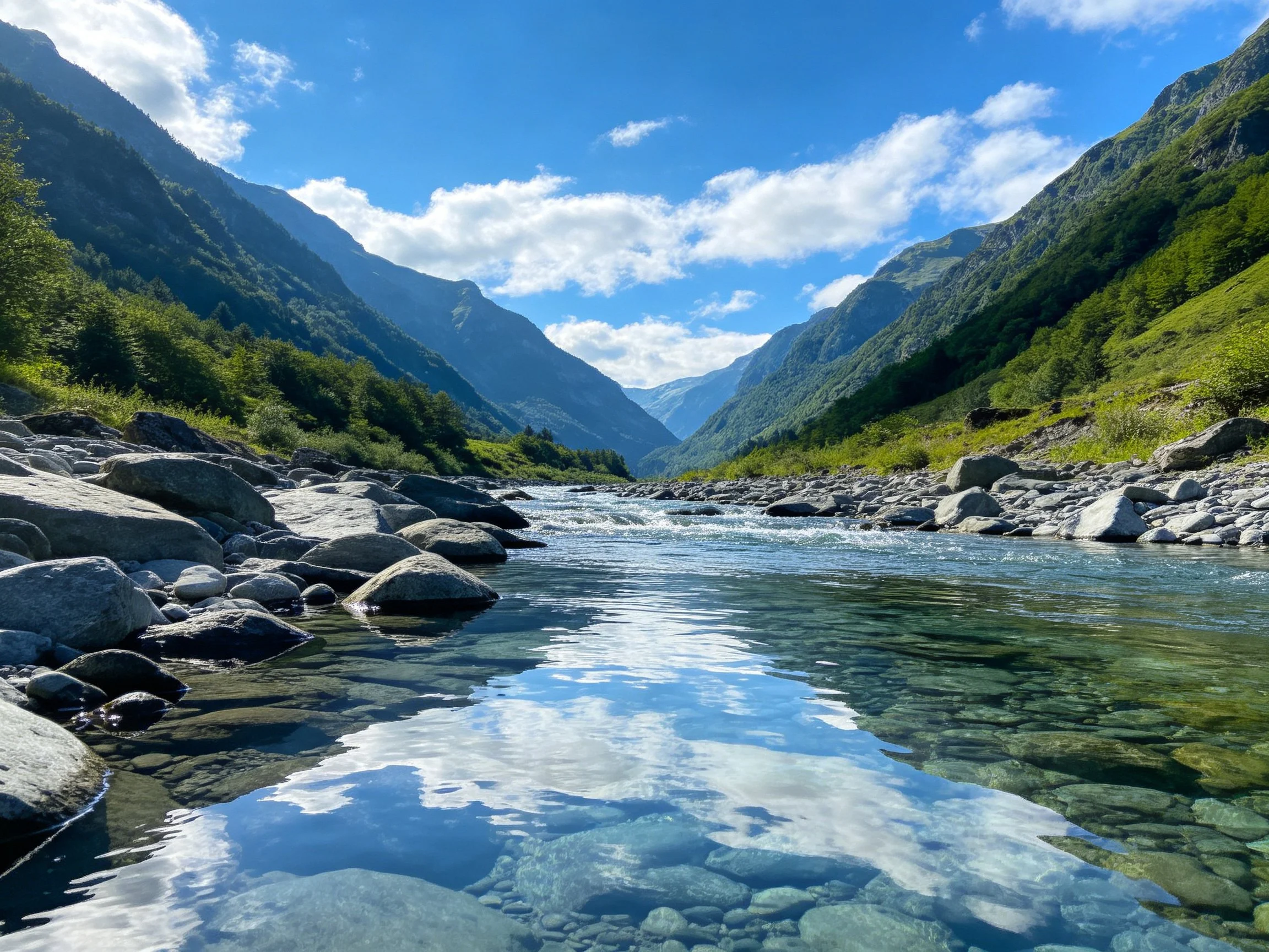 Clear stream flows between rocky banks and lush green mountains