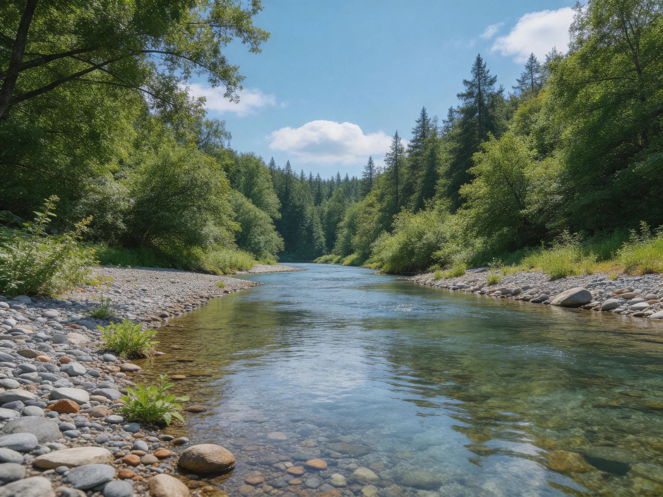 Clear stream winding through dense green forest with rocky banks