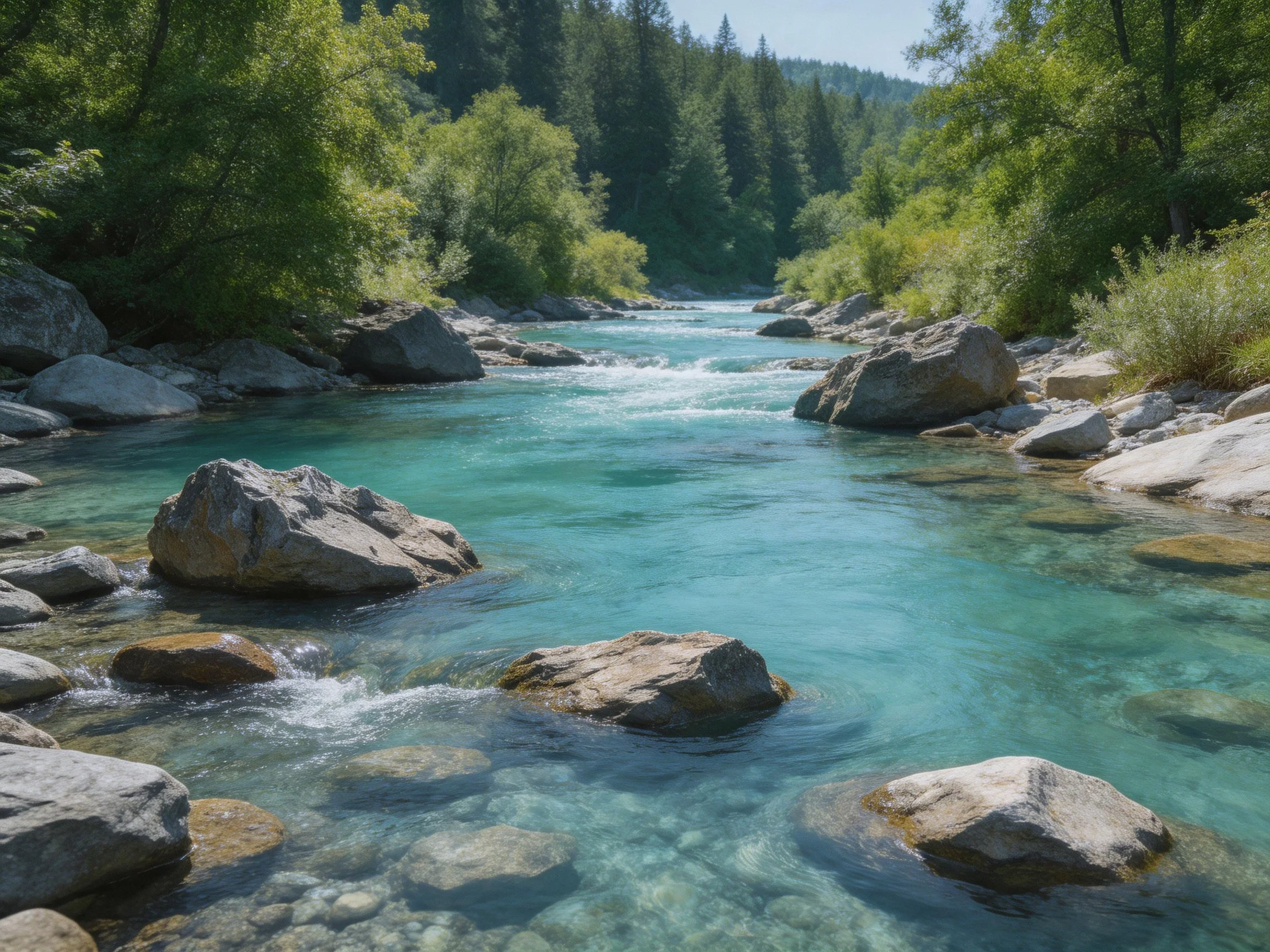 Clear turquoise river flows through rocky terrain with lush greenery