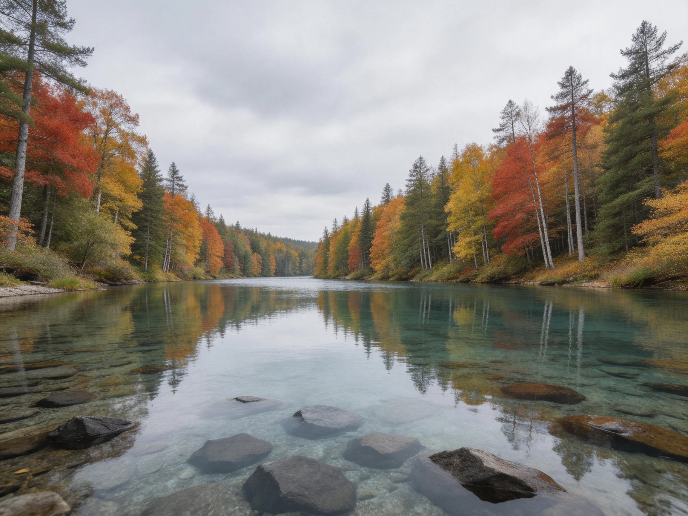 Clear turquoise river reflects autumn-hued forests and cloudy sky