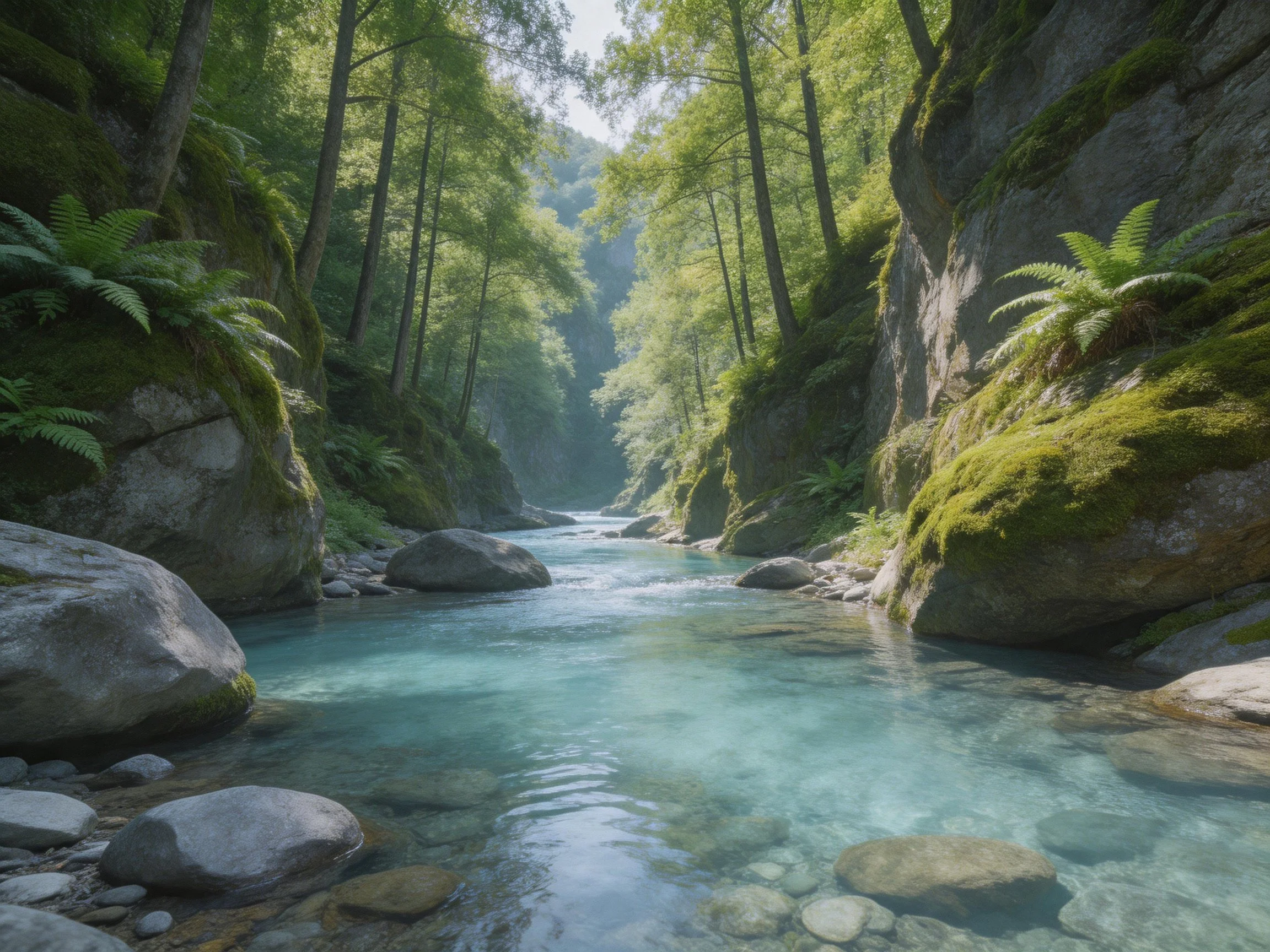 Clear turquoise river winds through mossy rocky canyon with lush greenery