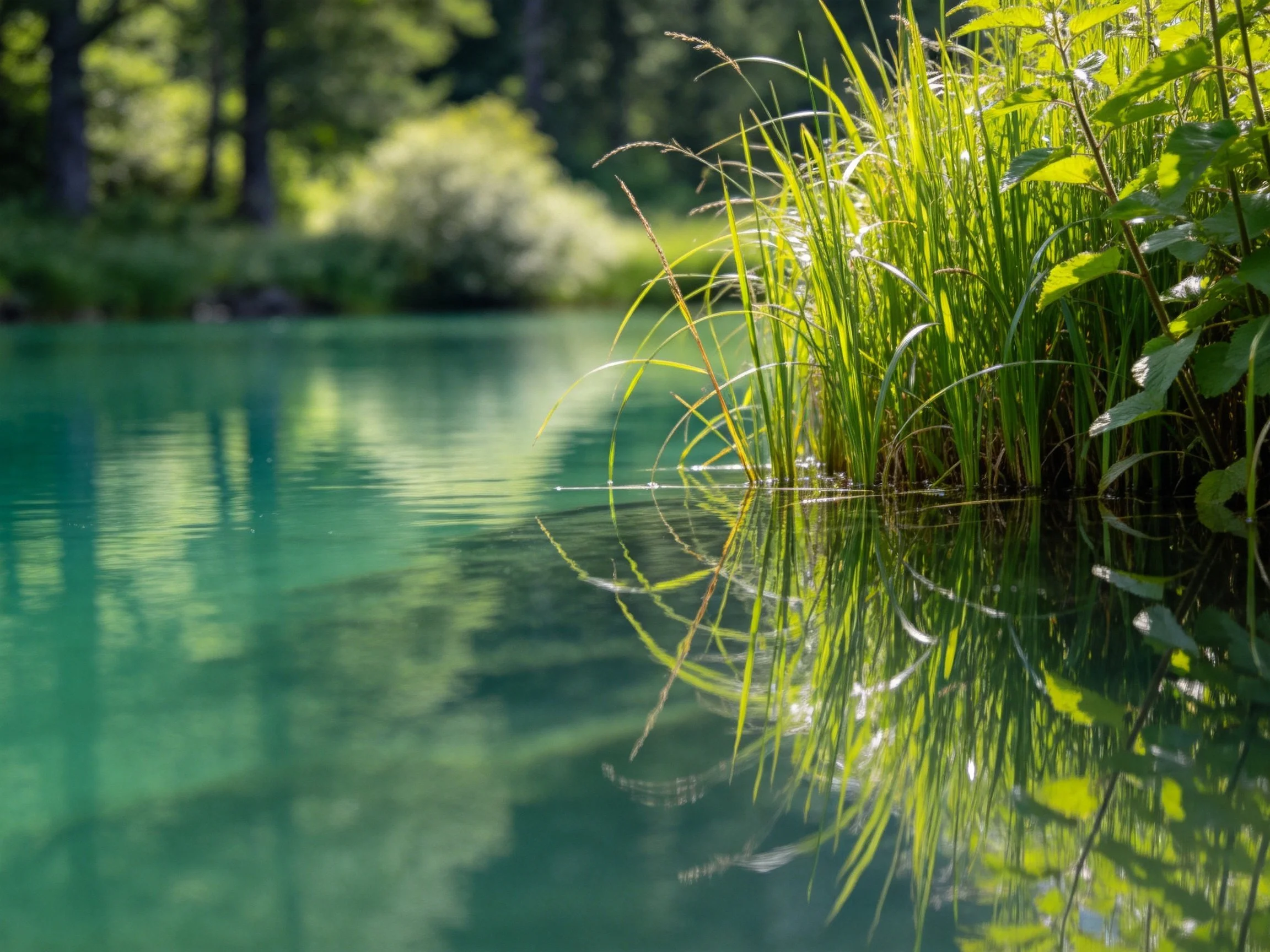 Clear turquoise water reflects lush greenery and forest backdrop