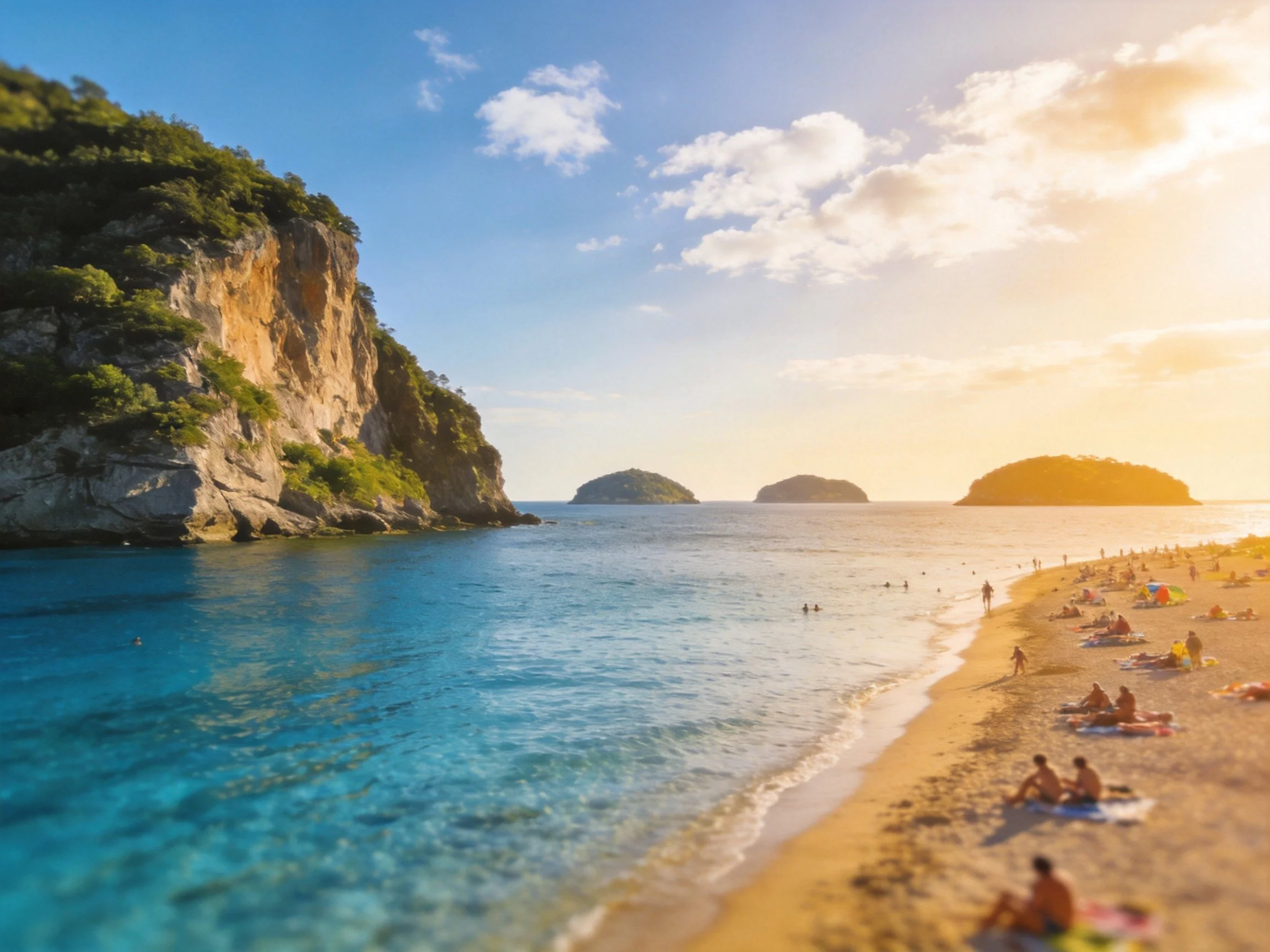 Clear turquoise waters meet golden sand near rocky cliffs and distant islands.
