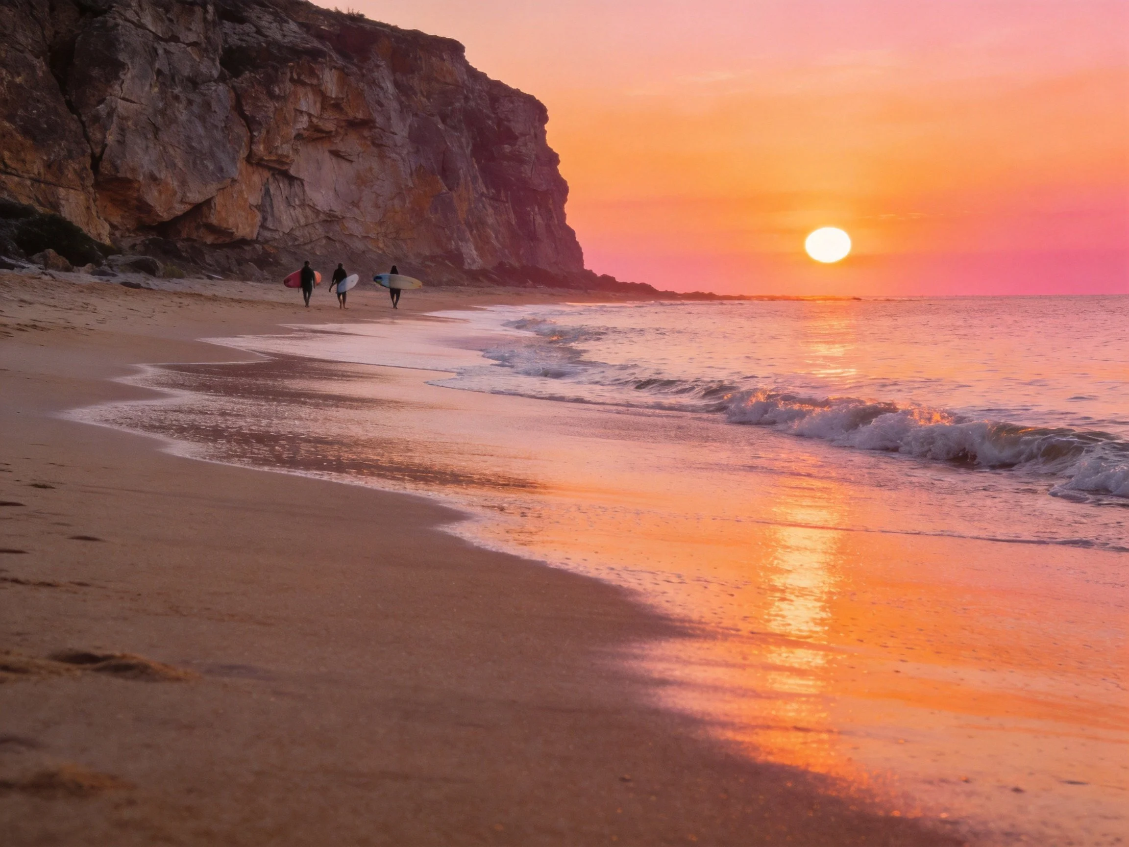 Cliffside Beach at Sunset with Surfers and Golden Sand