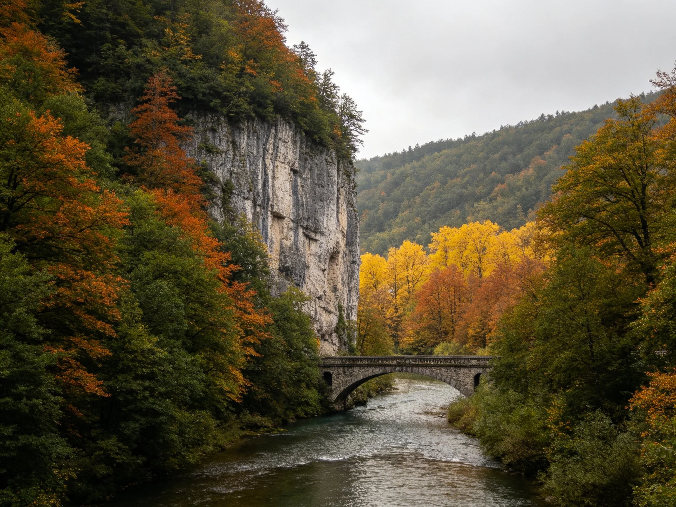 Cliffside River Bridge Surrounded by Autumn Trees