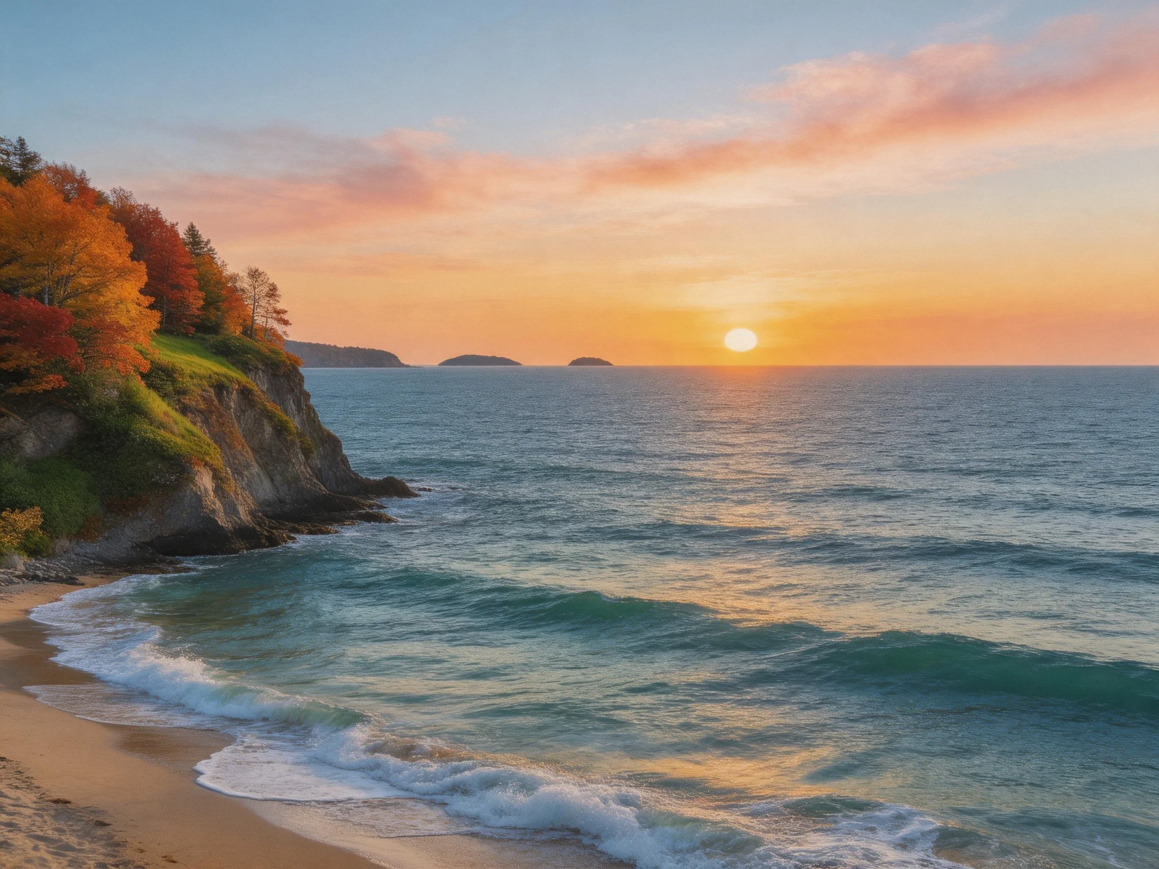 Cliffside beach with autumn foliage and ocean sunset