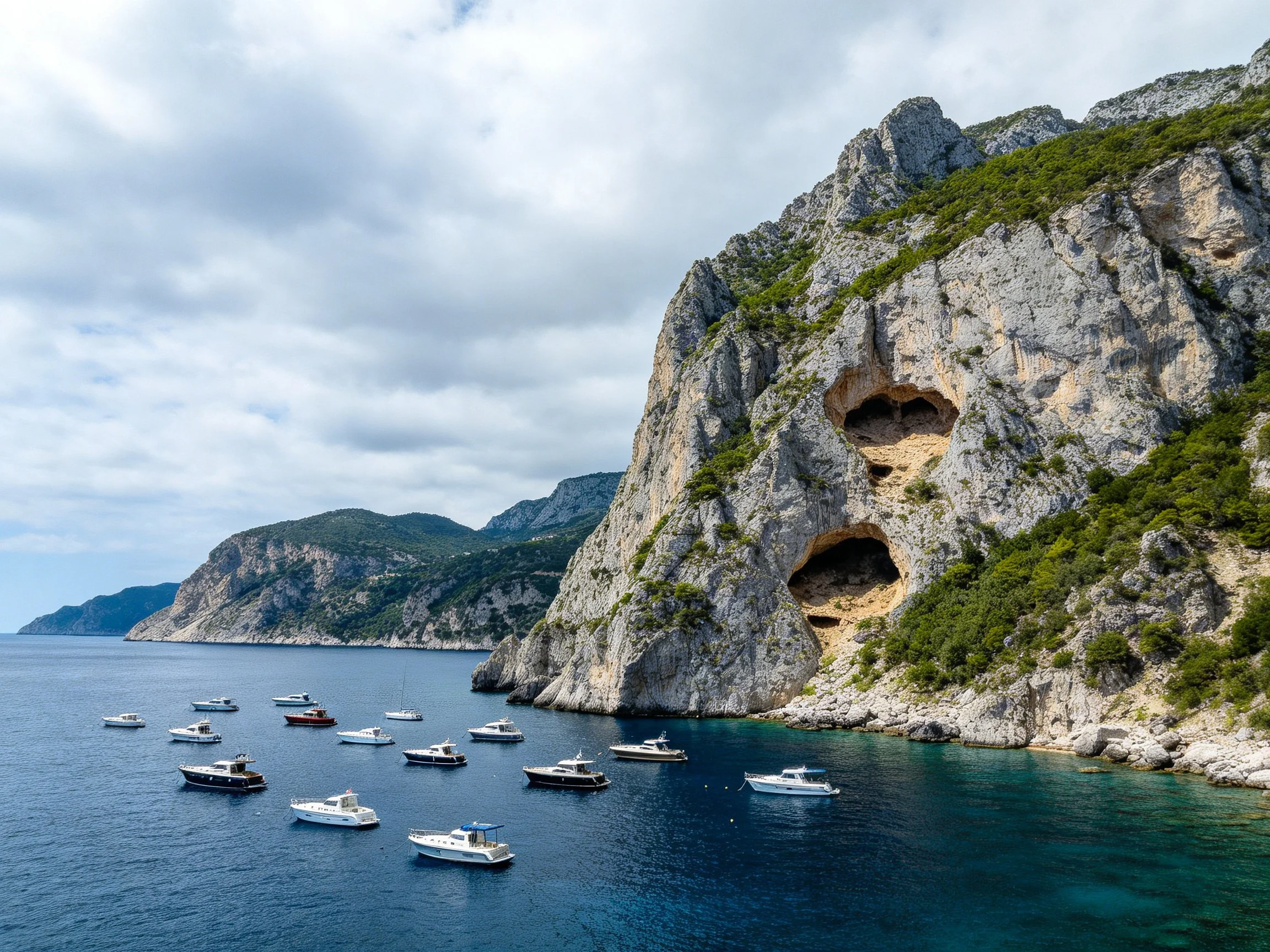 Cliffside cove with numerous boats and cave-filled rocky cliffs