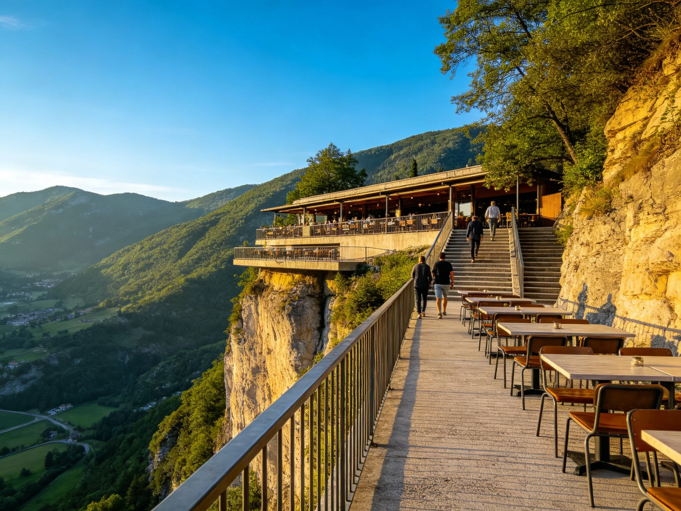 Cliffside restaurant with outdoor seating overlooking mountainous terrain