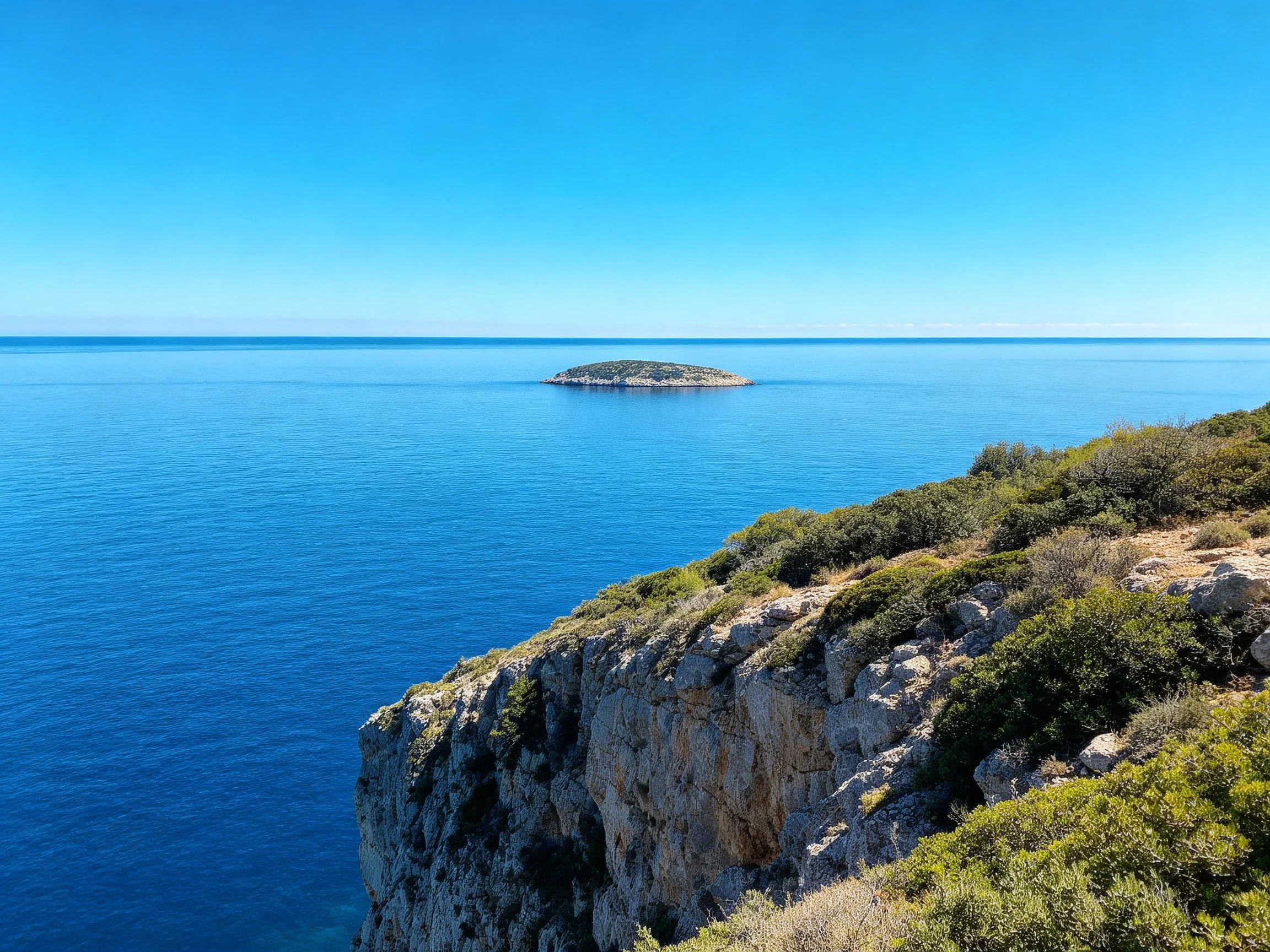 Cliffside view of calm blue sea with distant island