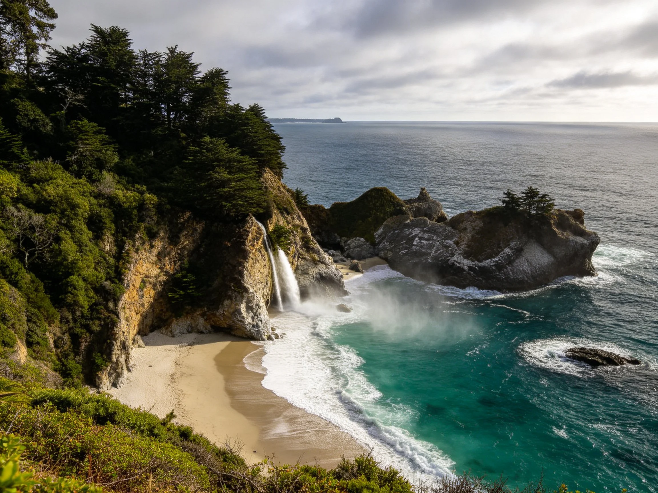 Cliffside waterfall meets turquoise ocean at sandy cove