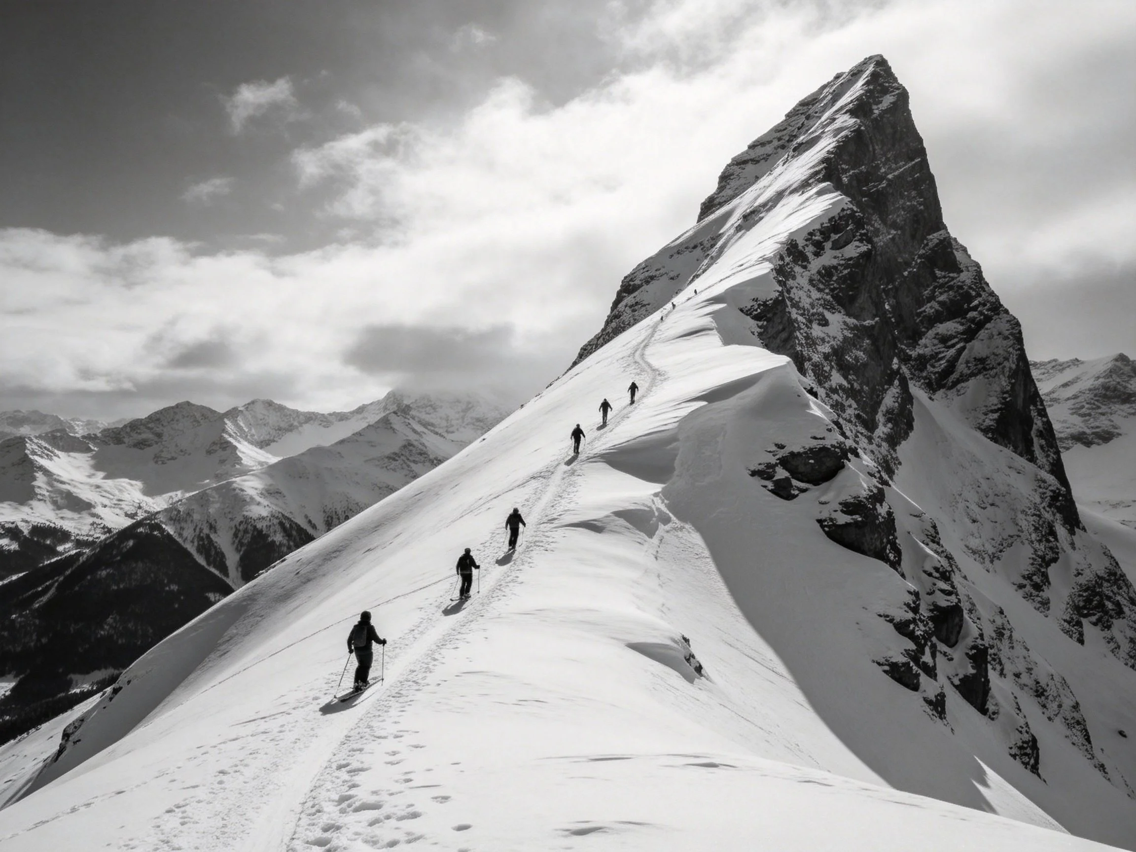 Climbers Ascend Snow-Covered Mountain Ridge Toward Sharp Peak