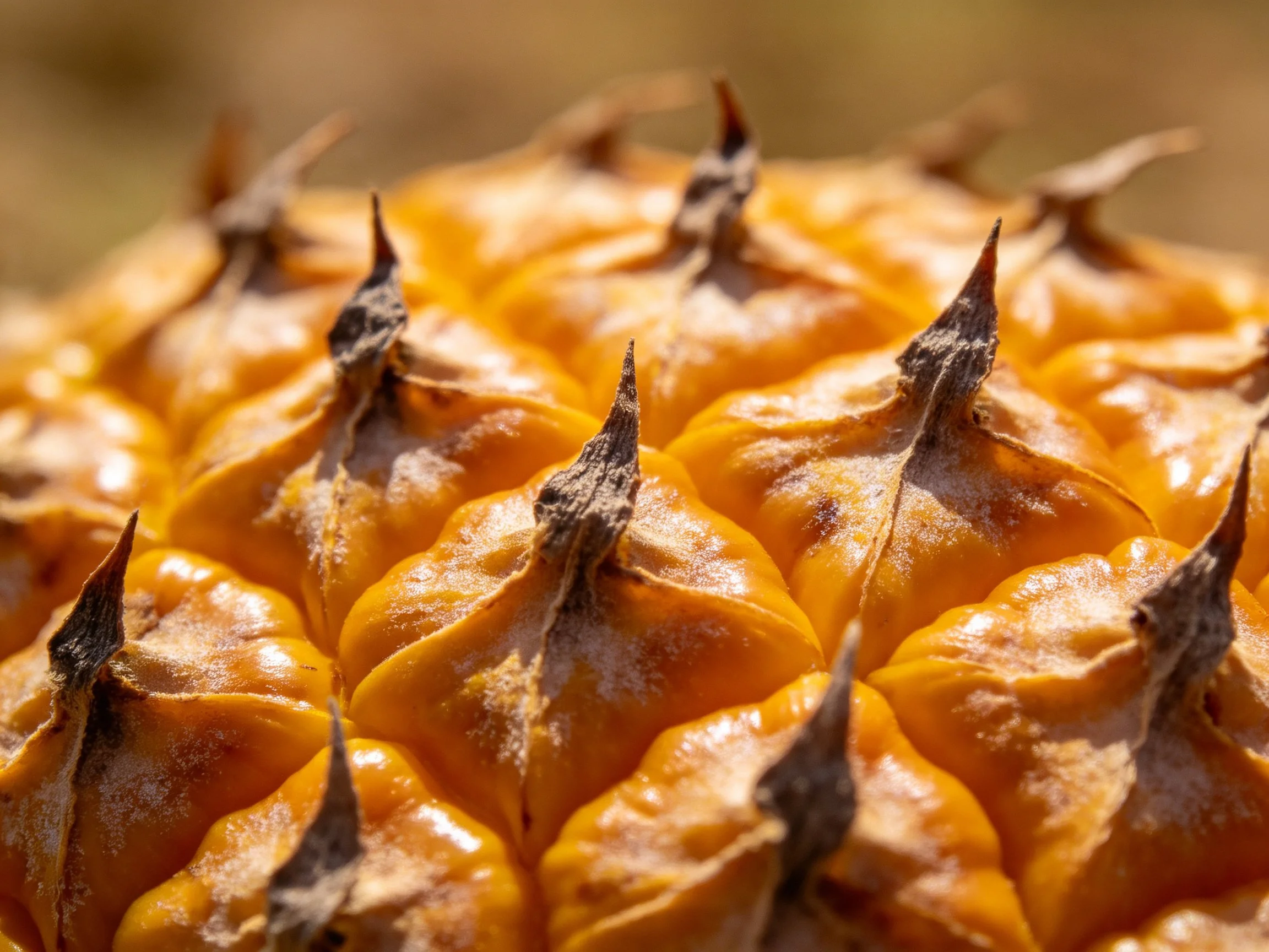Close-up of a spiky orange-yellow fruit with dark thorns