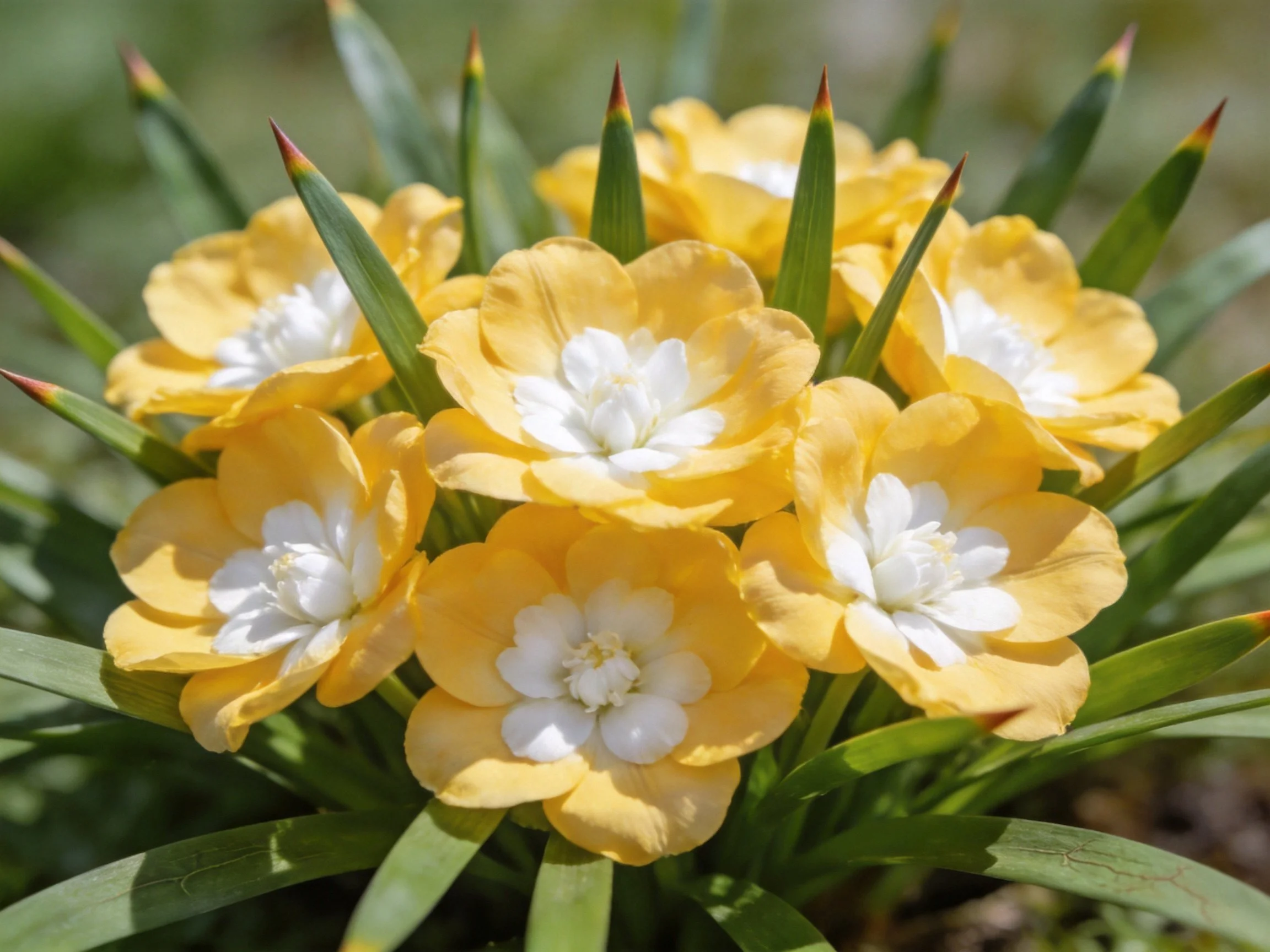 Cluster of yellow flowers with white centers among green foliage