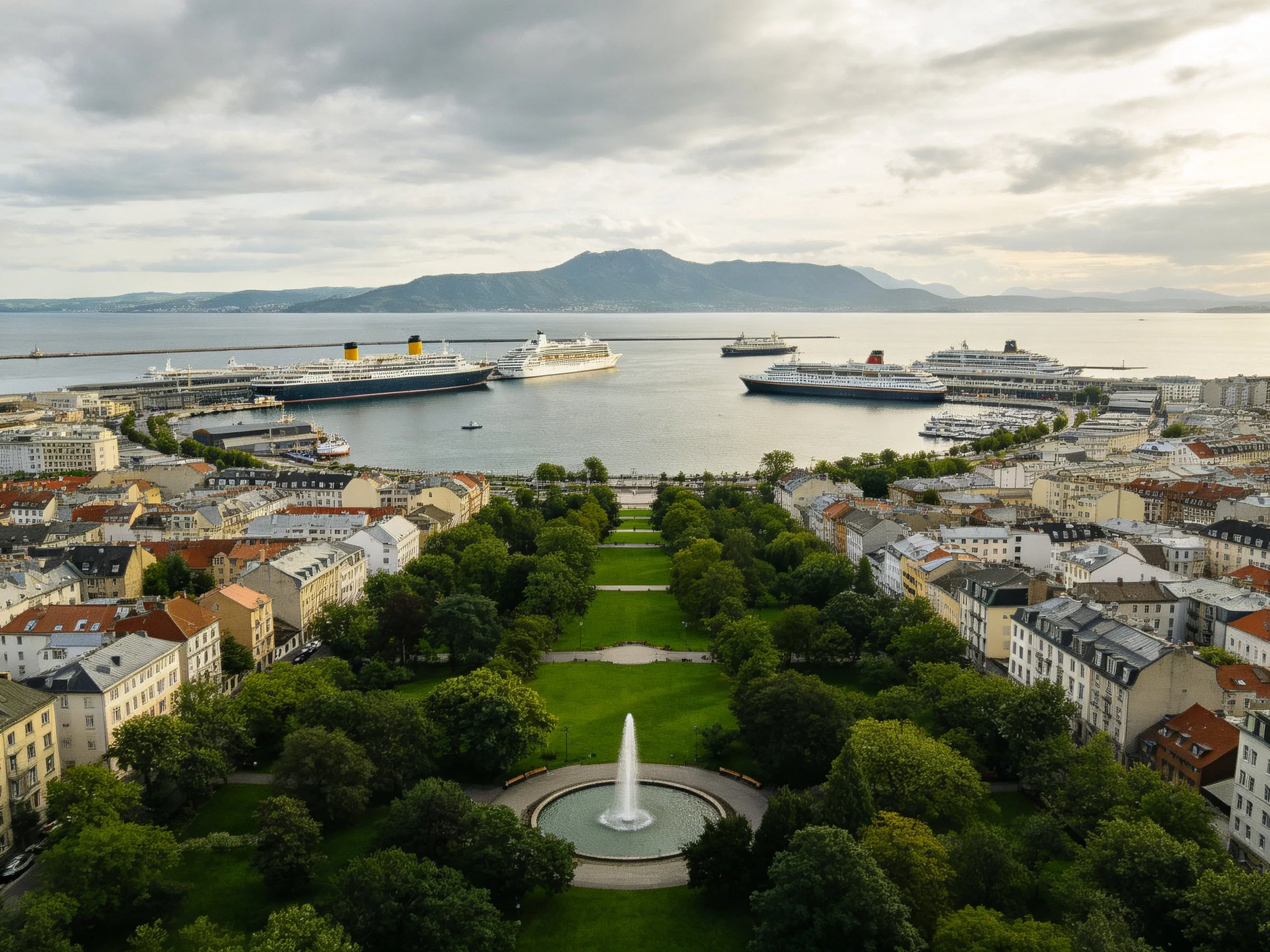 Coastal City Harbor with Cruise Ships and Central Park Fountain