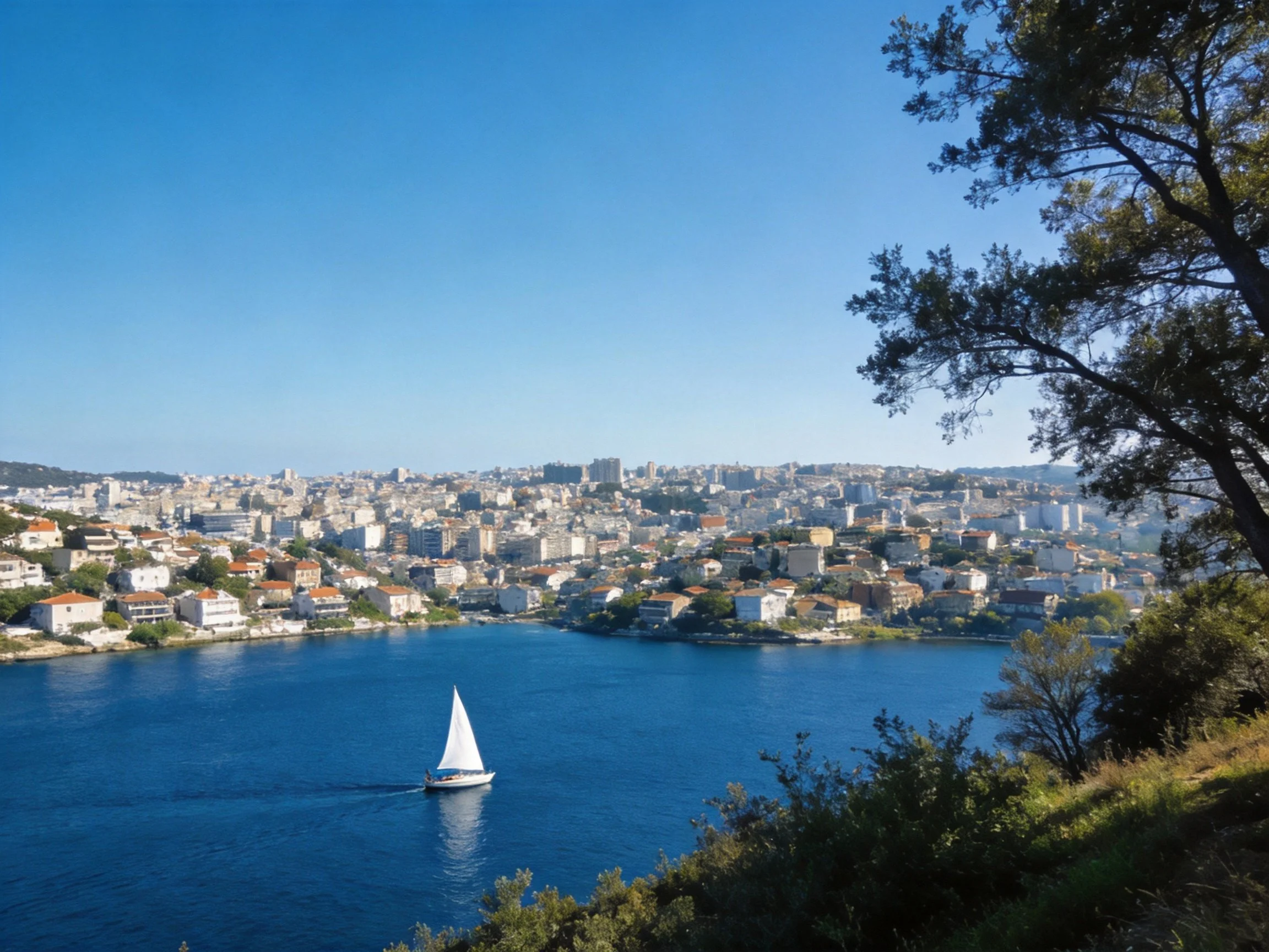 Coastal City View with Sailboat on Blue Waters