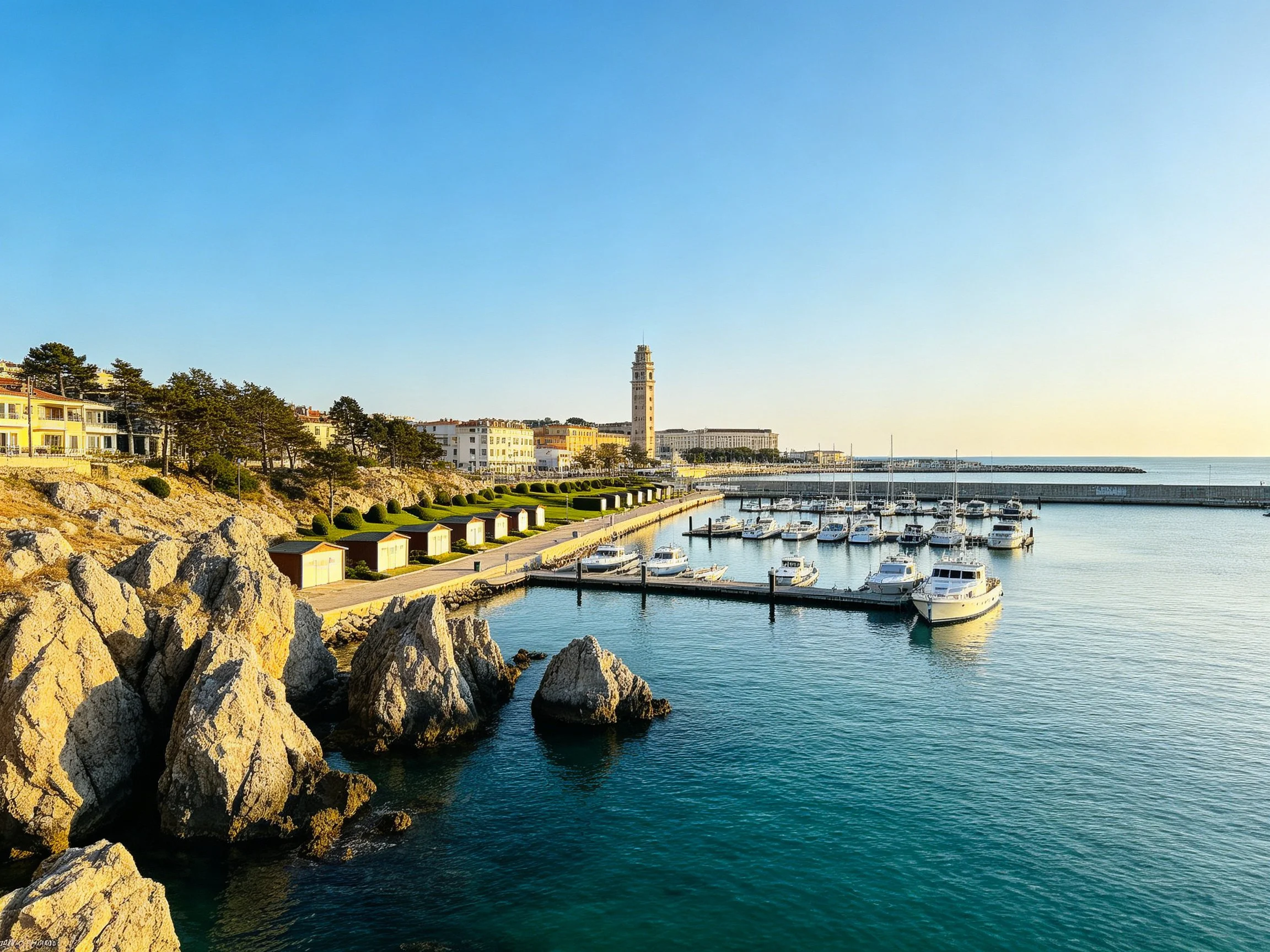 Coastal Marina with Rocky Cliffs and Docked Yachts