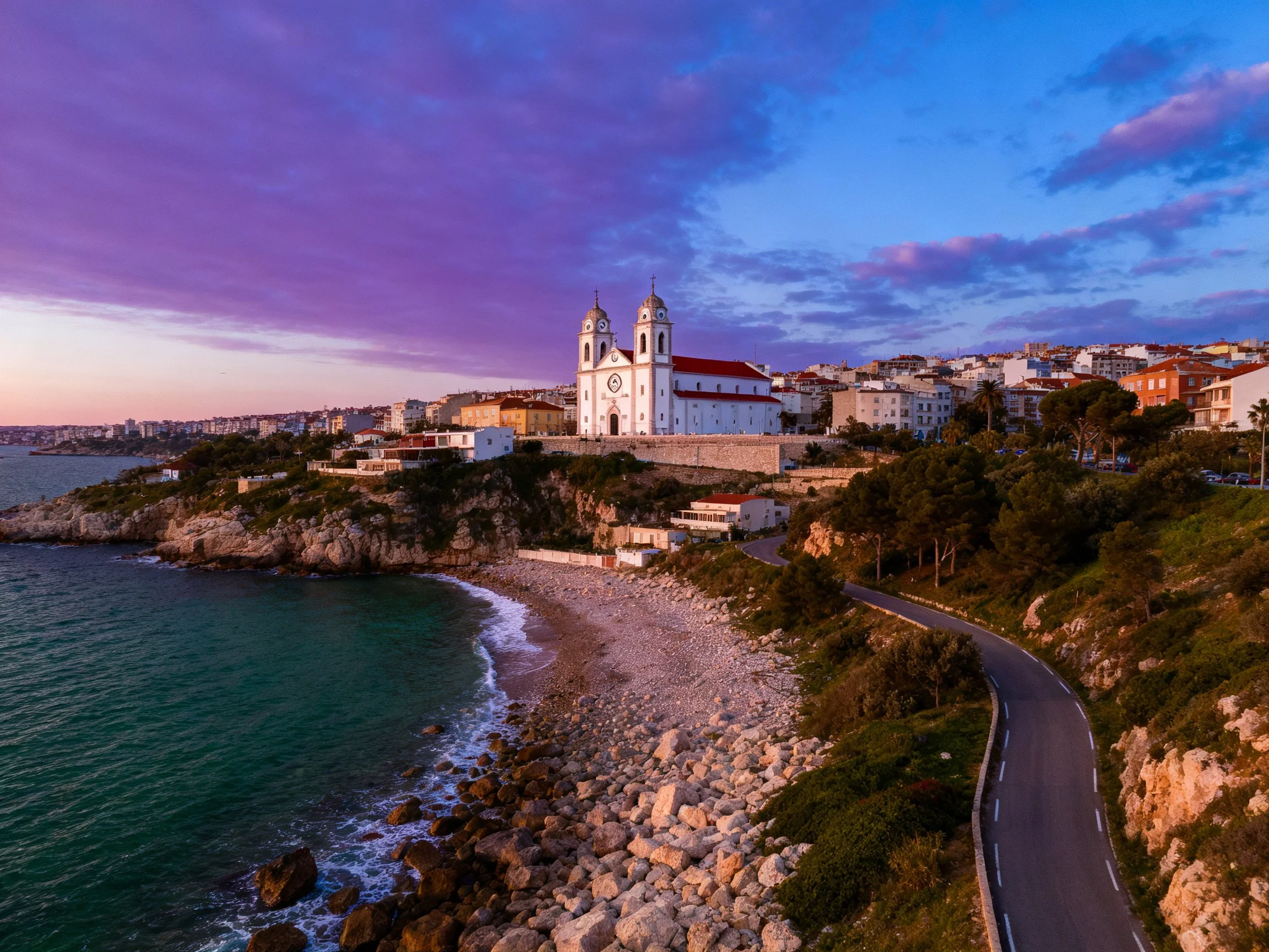 Coastal Town Church Under Purple Sunset Sky