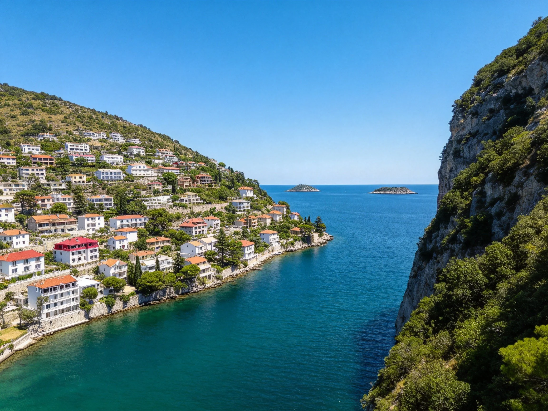 Coastal Town with White Houses on Hillside by Turquoise Waters