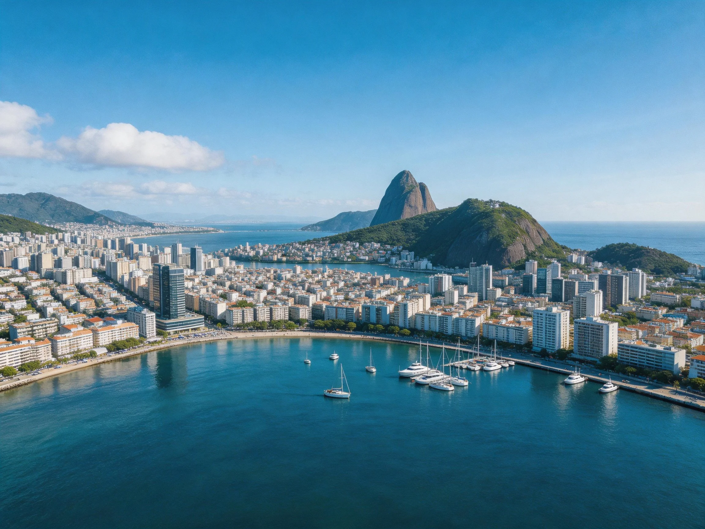 Coastal cityscape featuring Sugarloaf Mountain and blue waters