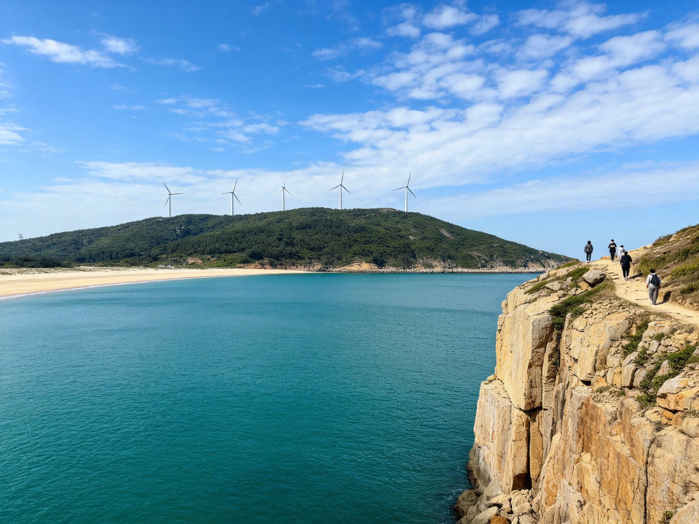 Coastal cliff path overlooks turquoise sea with five wind turbines