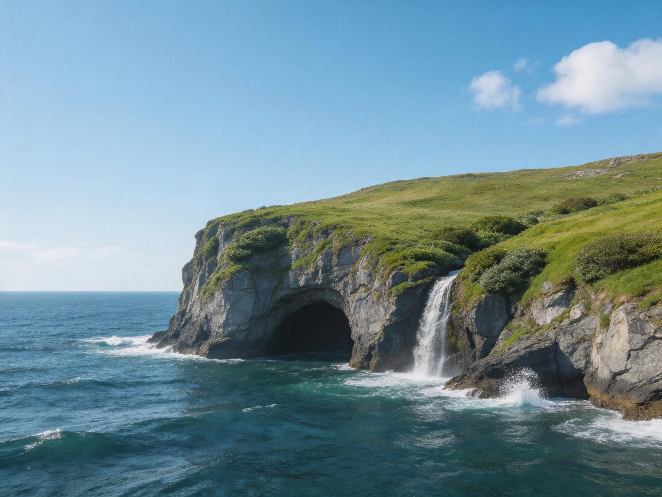 Coastal cliff with cave, waterfall, and turquoise sea