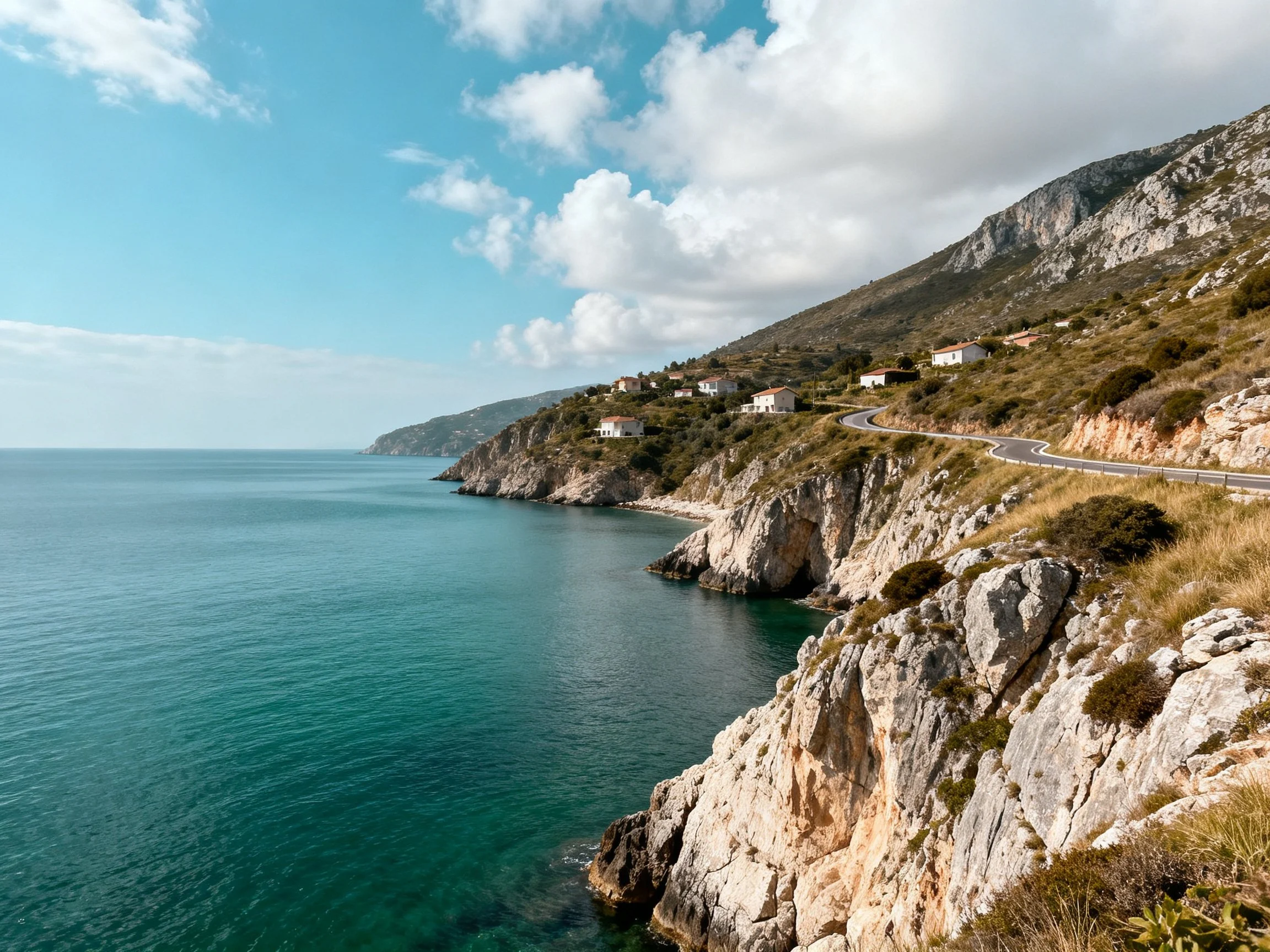 Coastal cliffs with rugged terrain, winding road, and turquoise sea