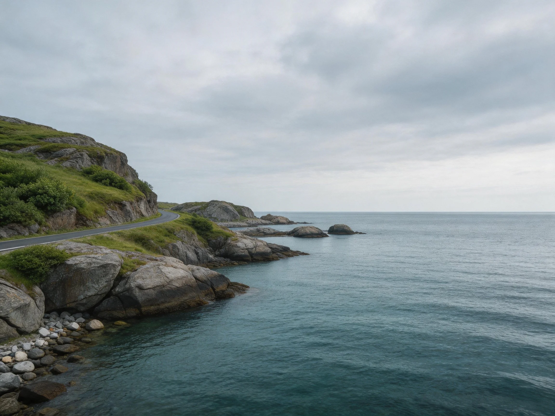 Coastal cliffside road with rocky shoreline and calm sea