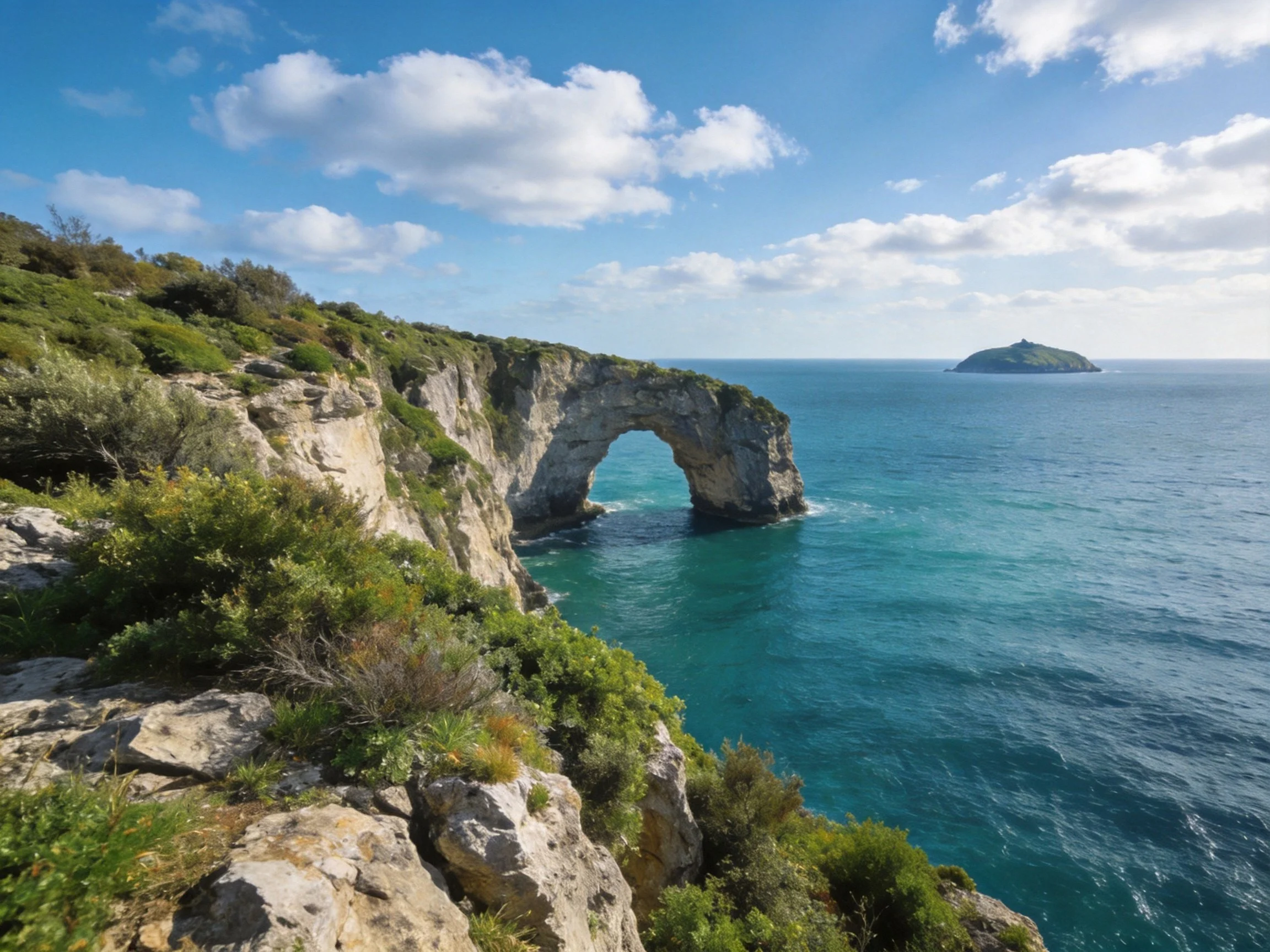 Coastal cliffside with a natural stone arch over turquoise seas