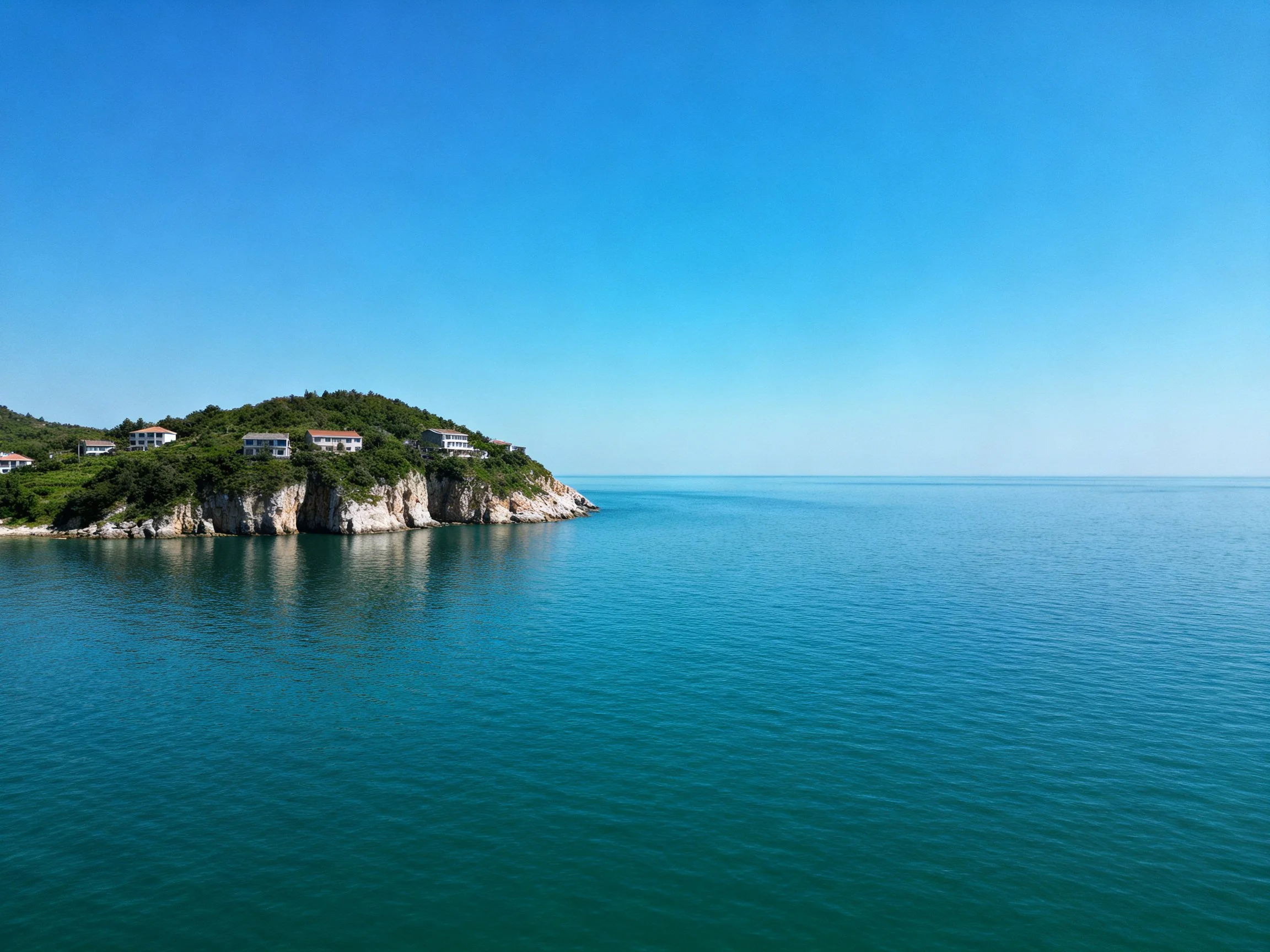 Coastal cliffside with white homes, calm turquoise waters, clear blue sky