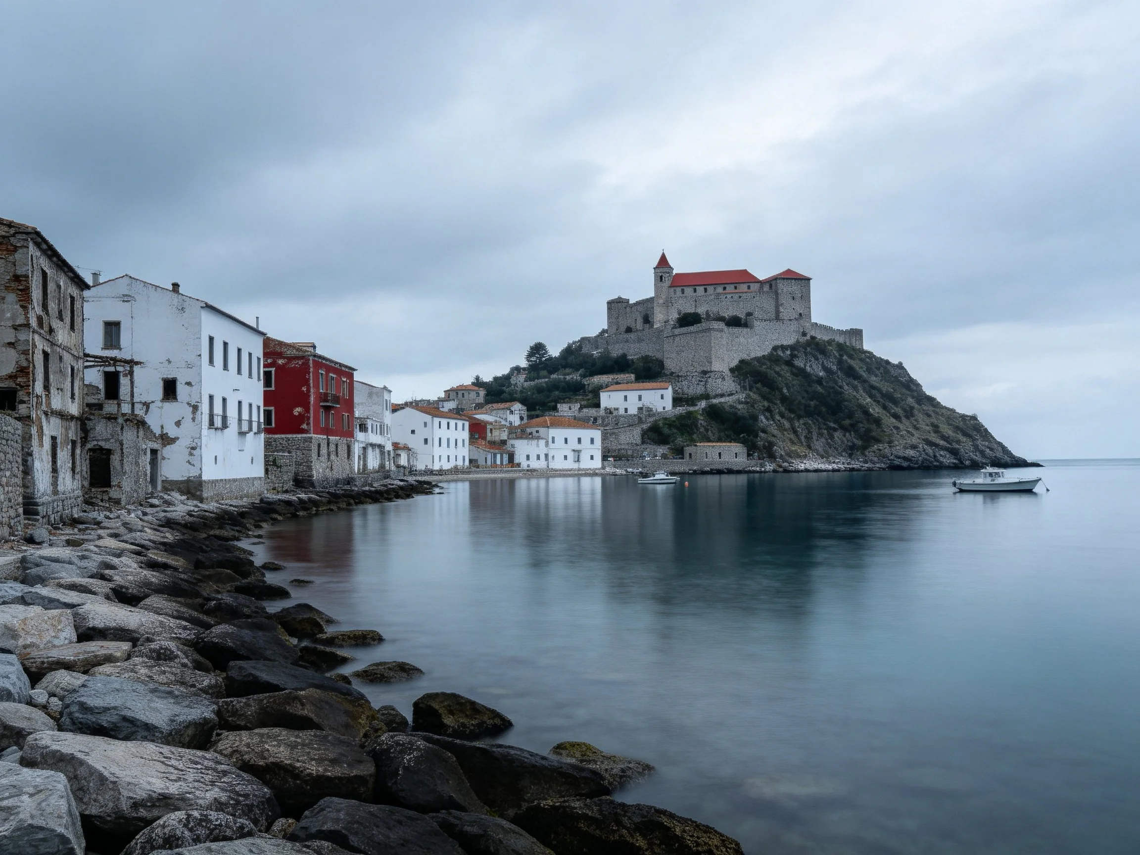 Coastal village with historic fortress overlooks calm waters