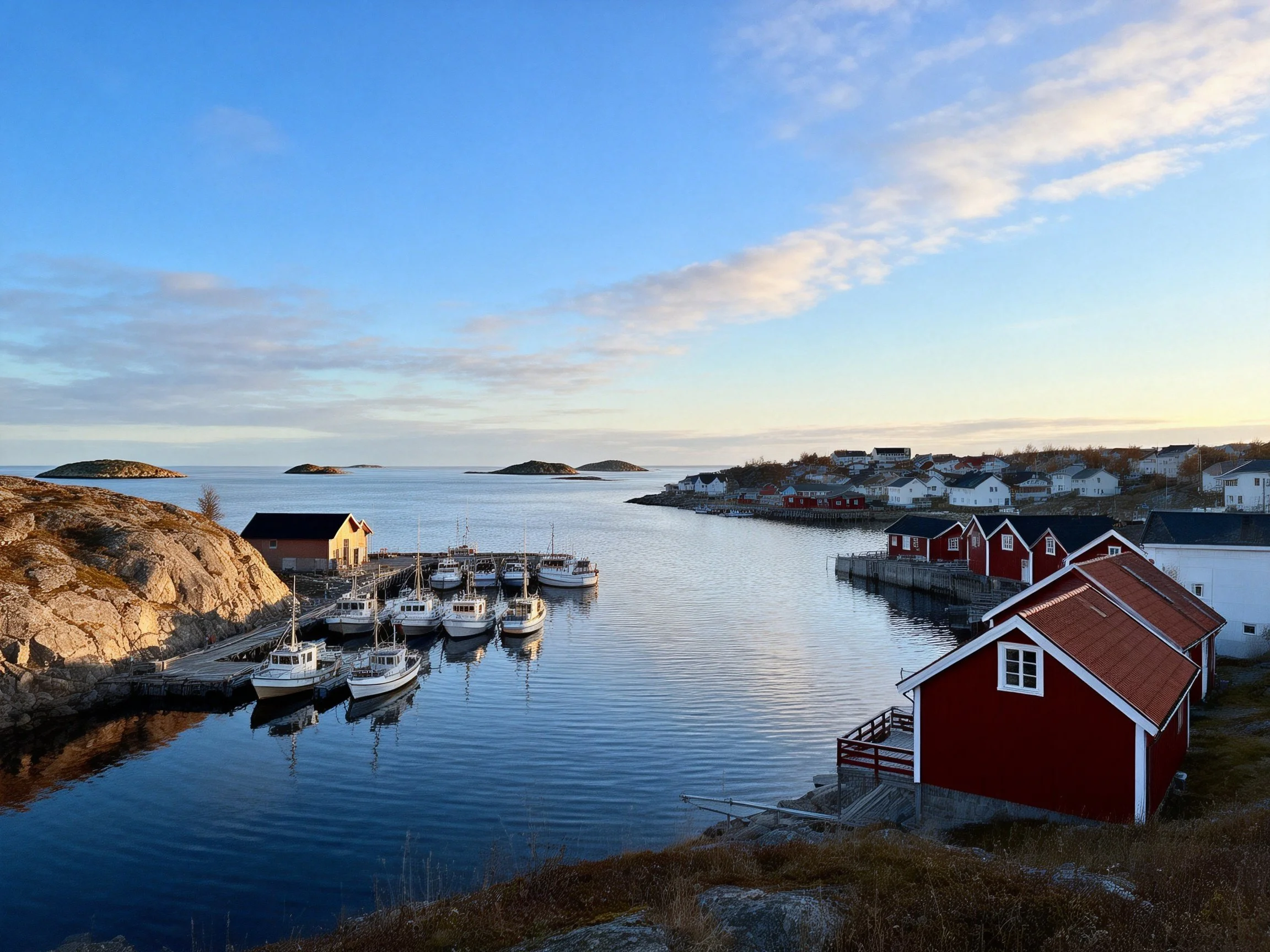 Coastal village with red cabins, docked boats, and rocky shore