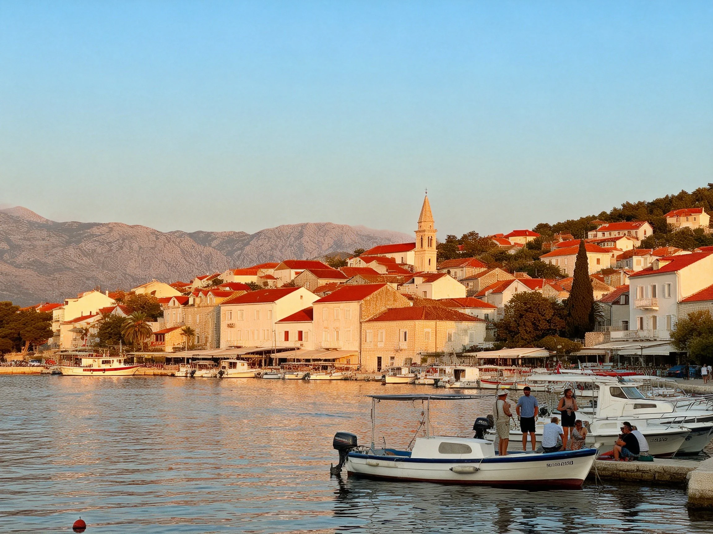 Coastal village with red-tiled roofs, boats, and mountain backdrop
