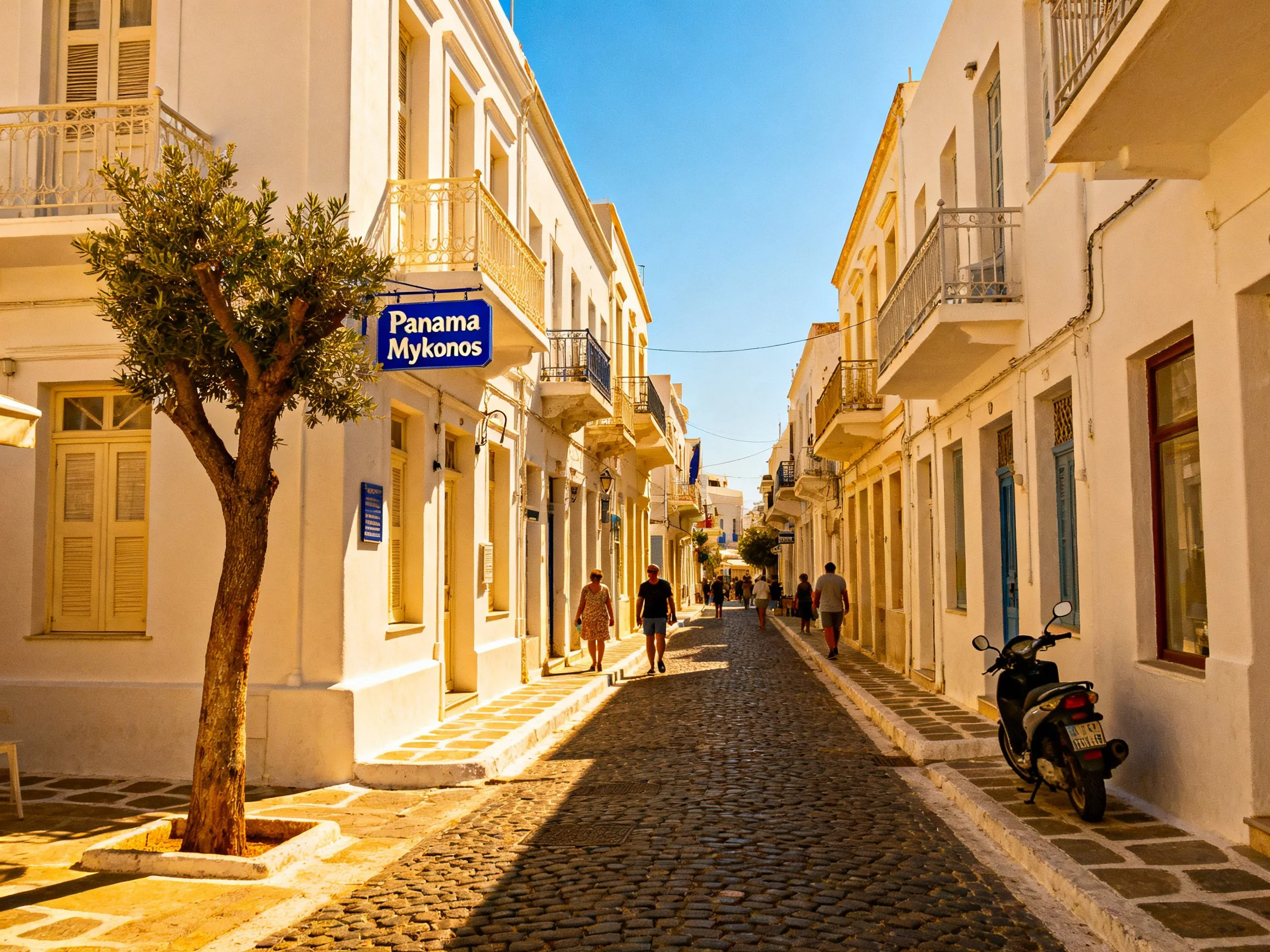 Cobblestone street in Mykonos lined with white buildings