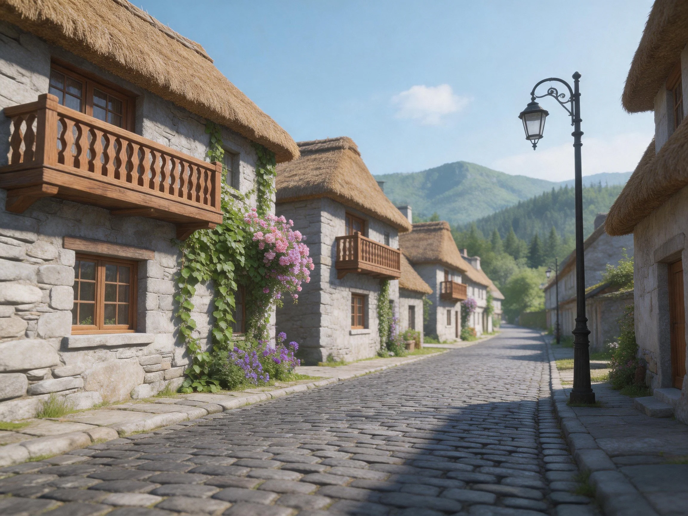 Cobblestone street lined with stone cottages leads toward distant mountains