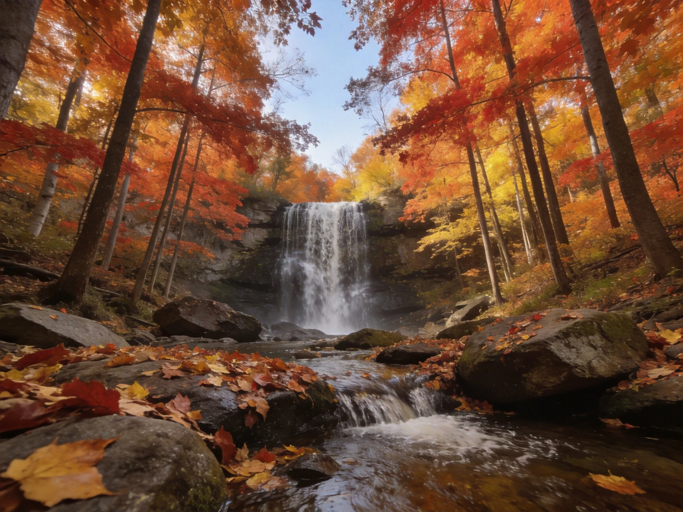 Colorful Fall Forest with Waterfall