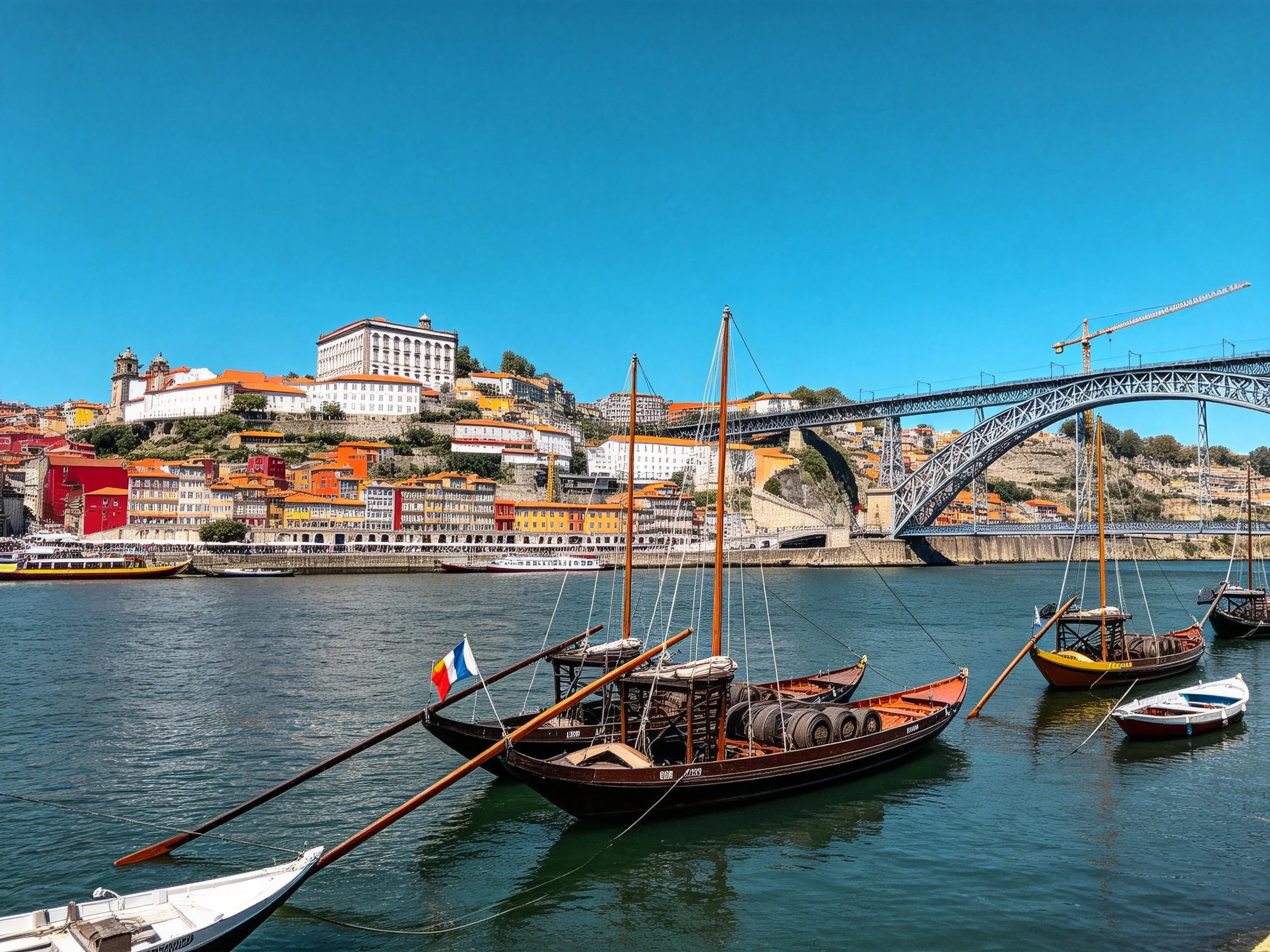 Colorful Hillside Town with Traditional Boats and Steel Bridge