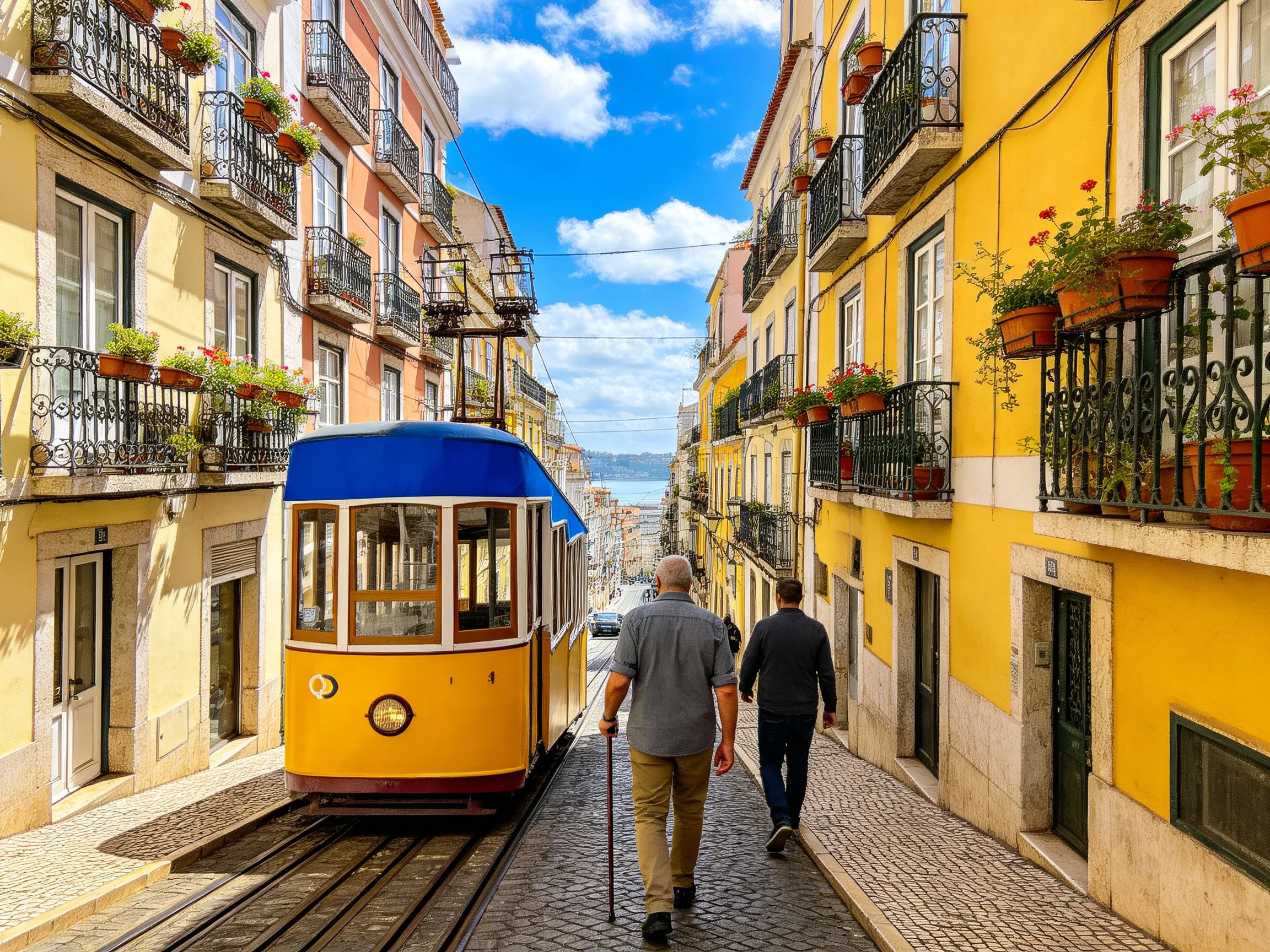 Colorful Historic Street with Yellow Tram and Pedestrians