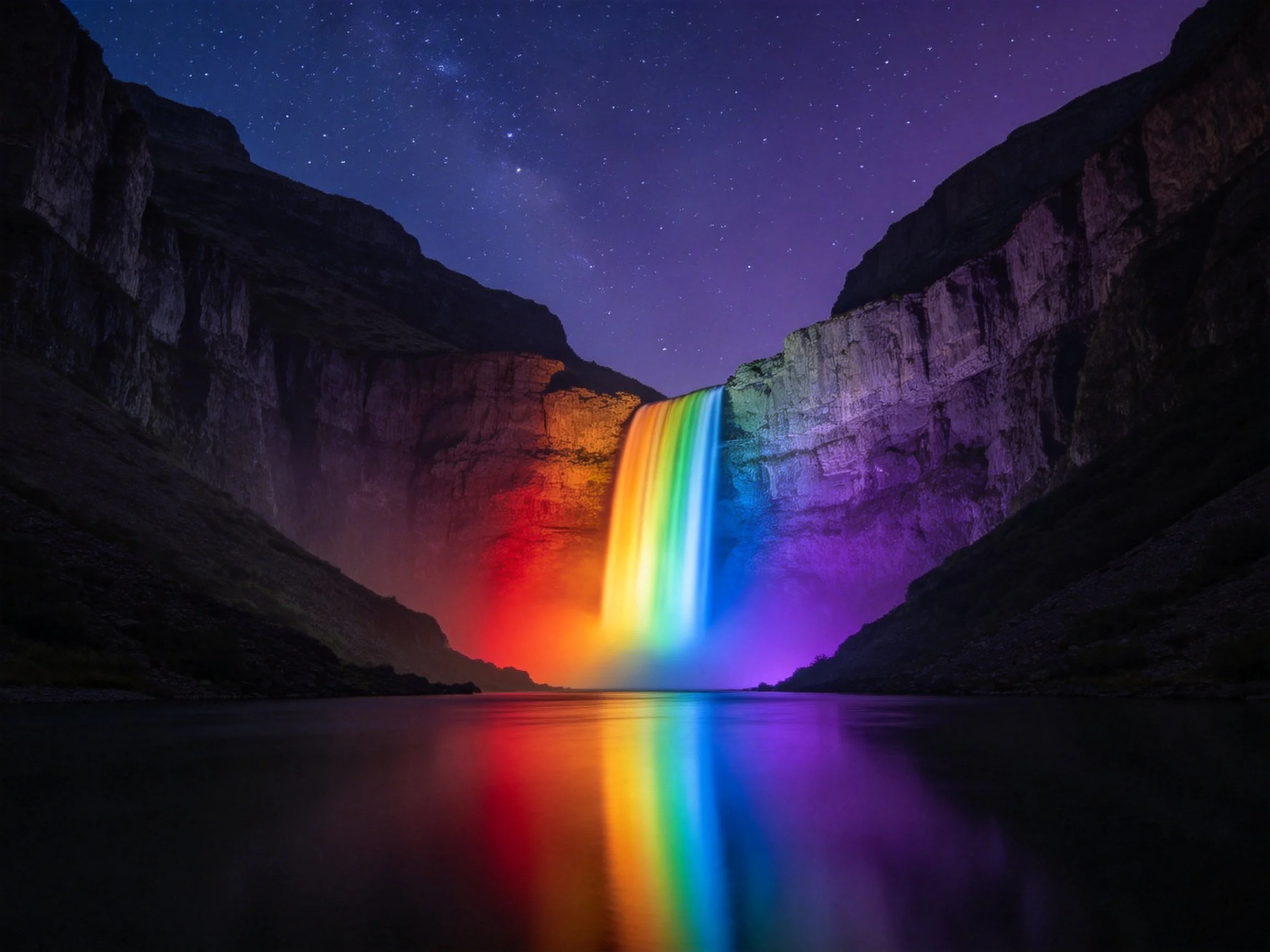 Colorful Rainbow Waterfall Reflecting Beneath Starry Night Cliffs