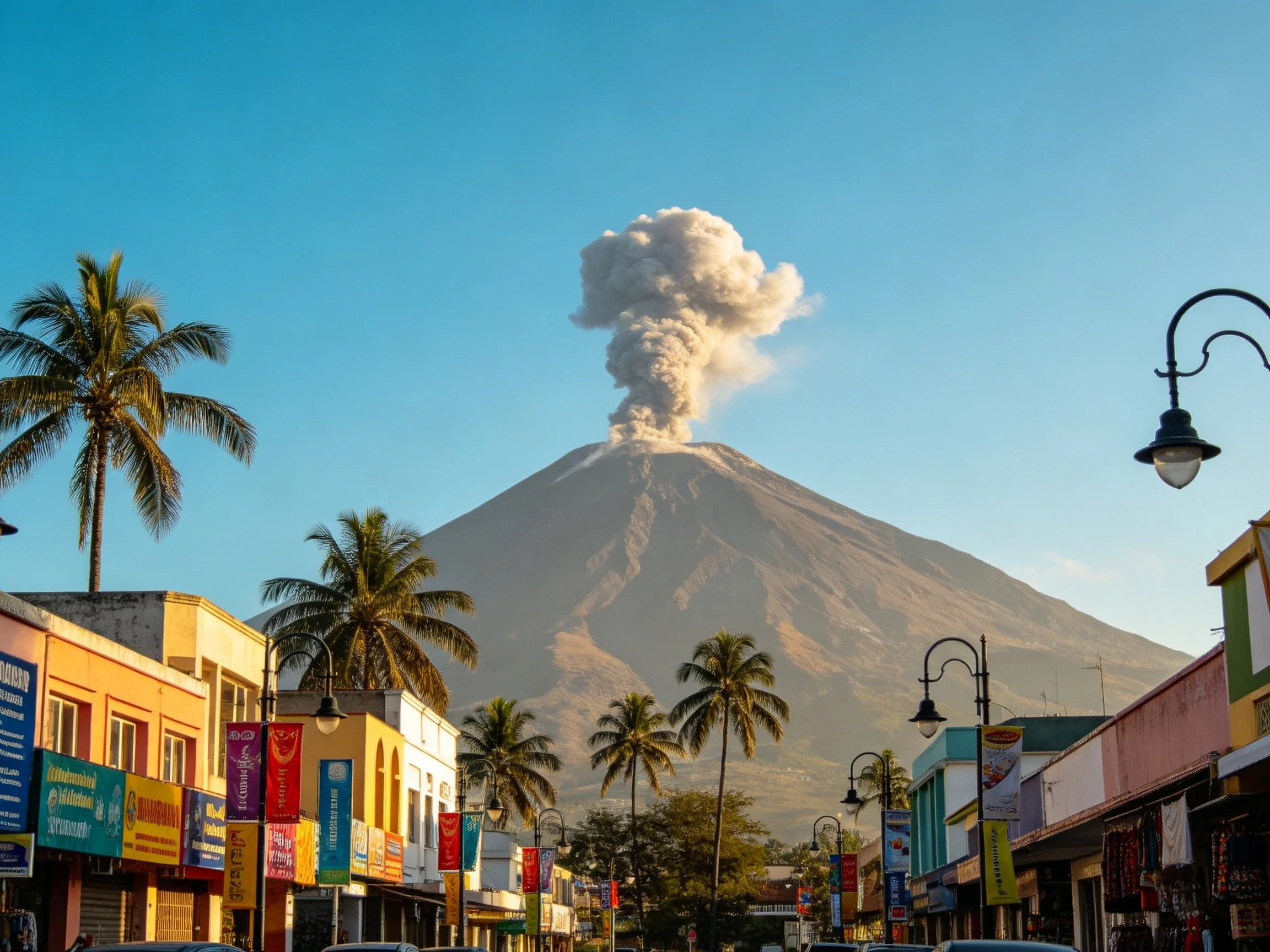 Colorful Town Street with Volcanic Eruption in Distance