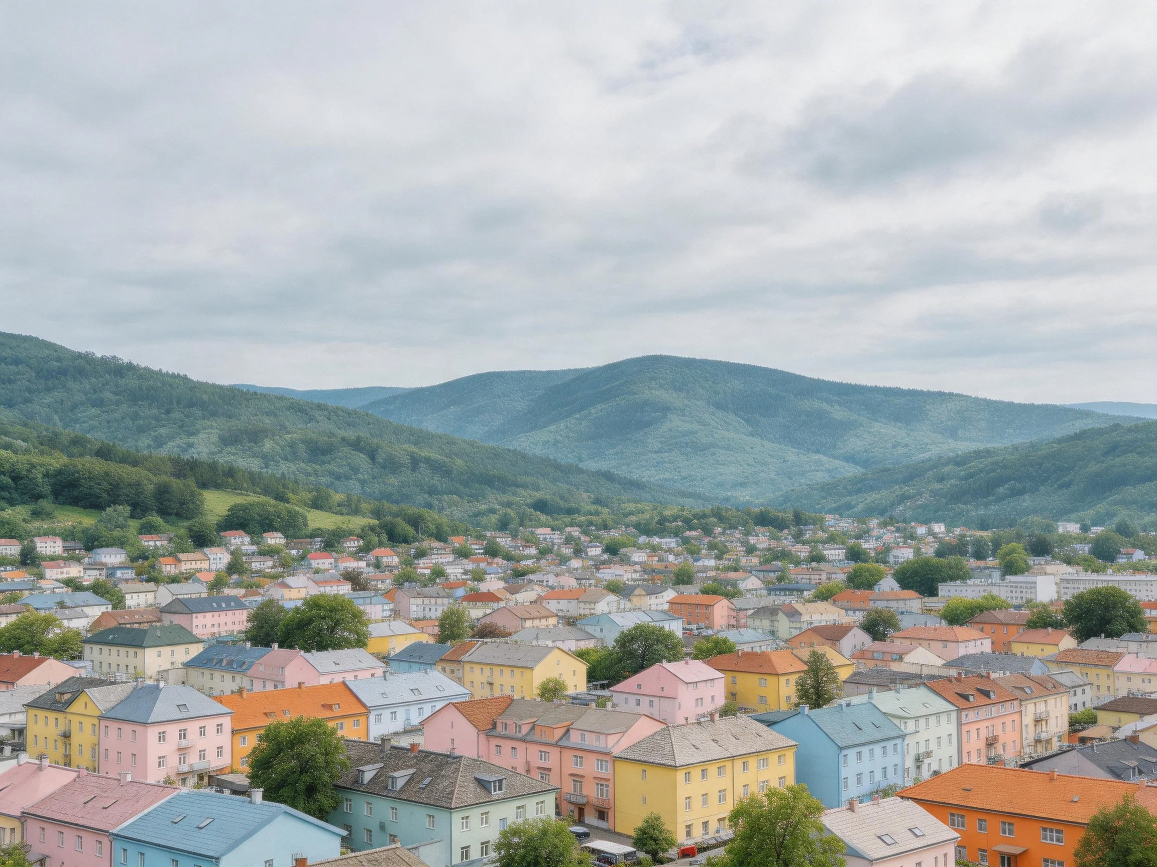 Colorful Town with Multicolored Houses Near Verdant Mountains