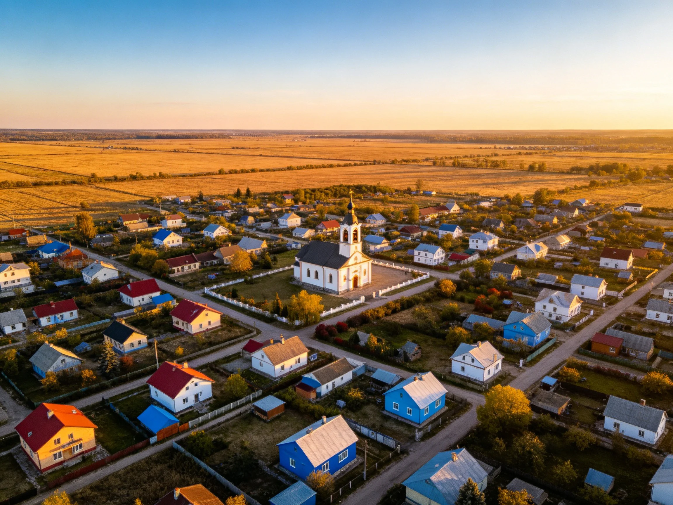 Colorful Village with Central Church and Golden Fields