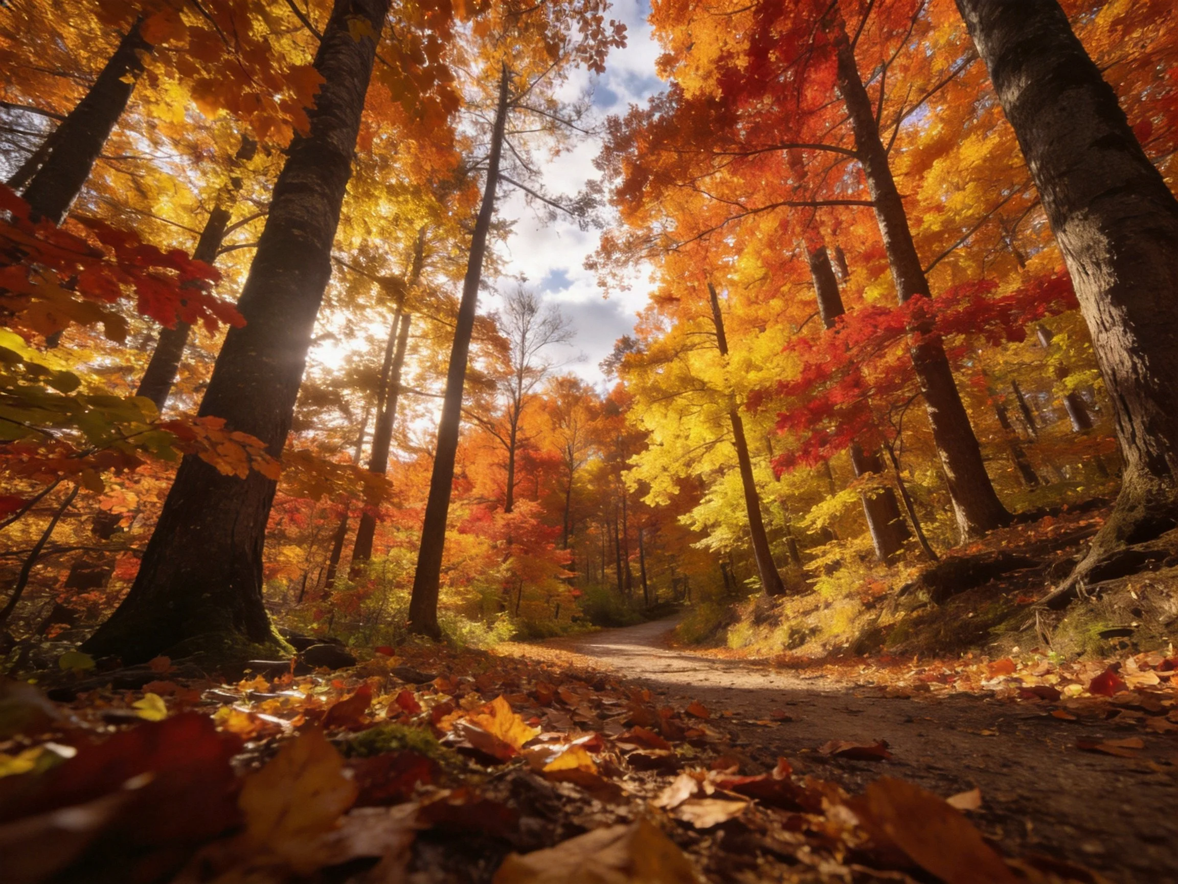 Colorful autumn forest with tall trees and leaf-covered path