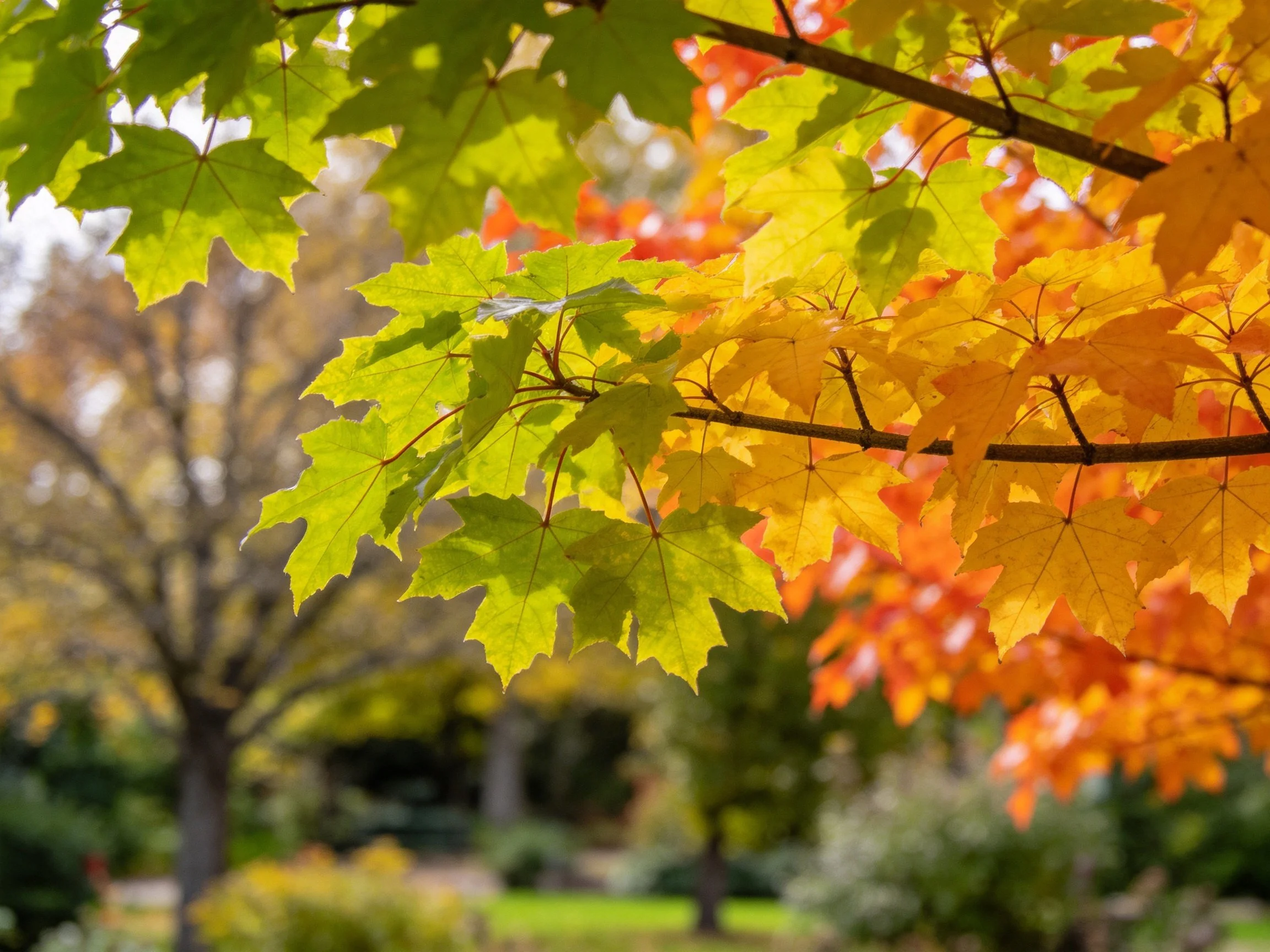 Colorful autumn maple leaves in green, yellow, orange hues