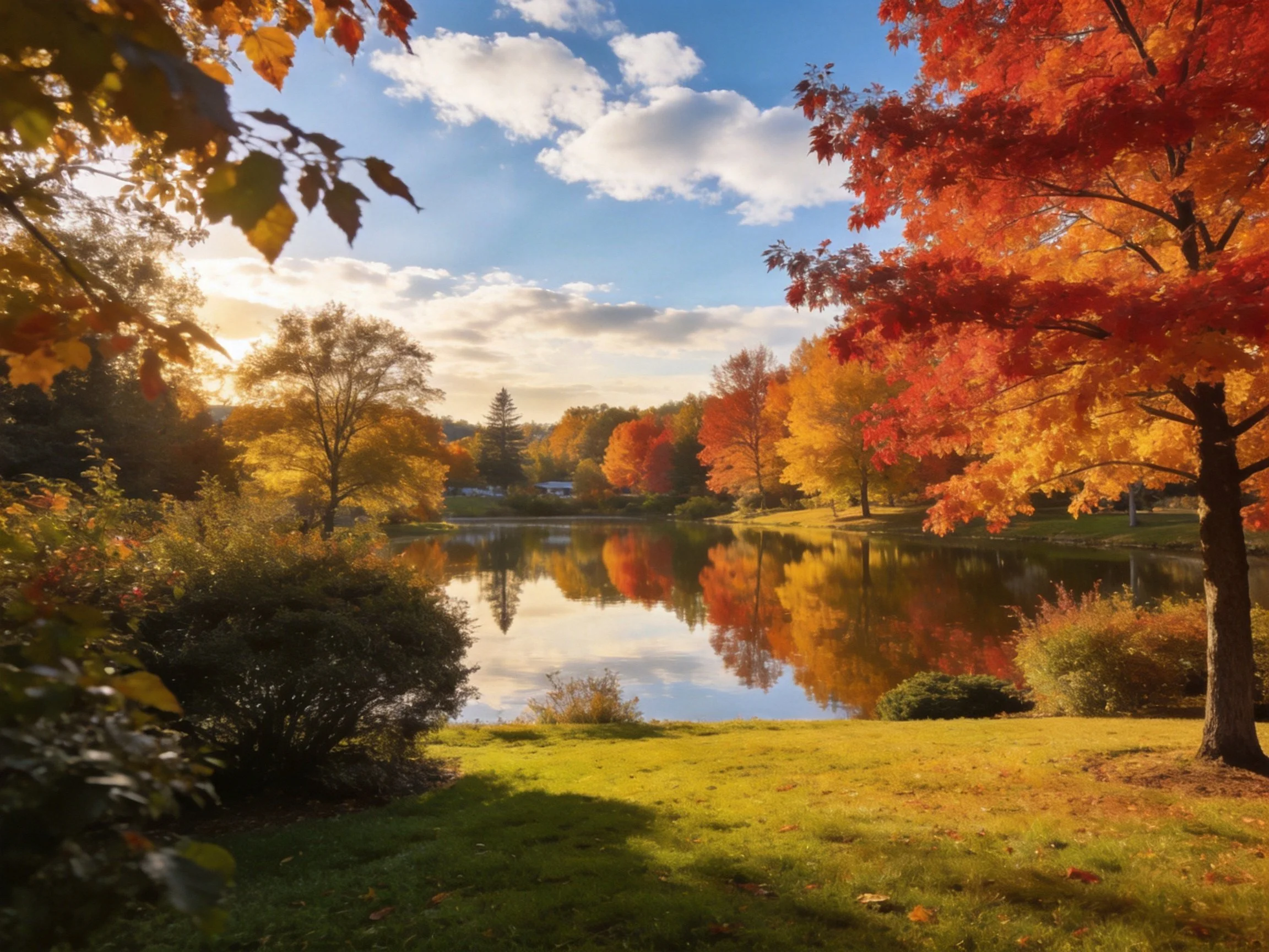 Colorful autumn trees reflect in a tranquil lake