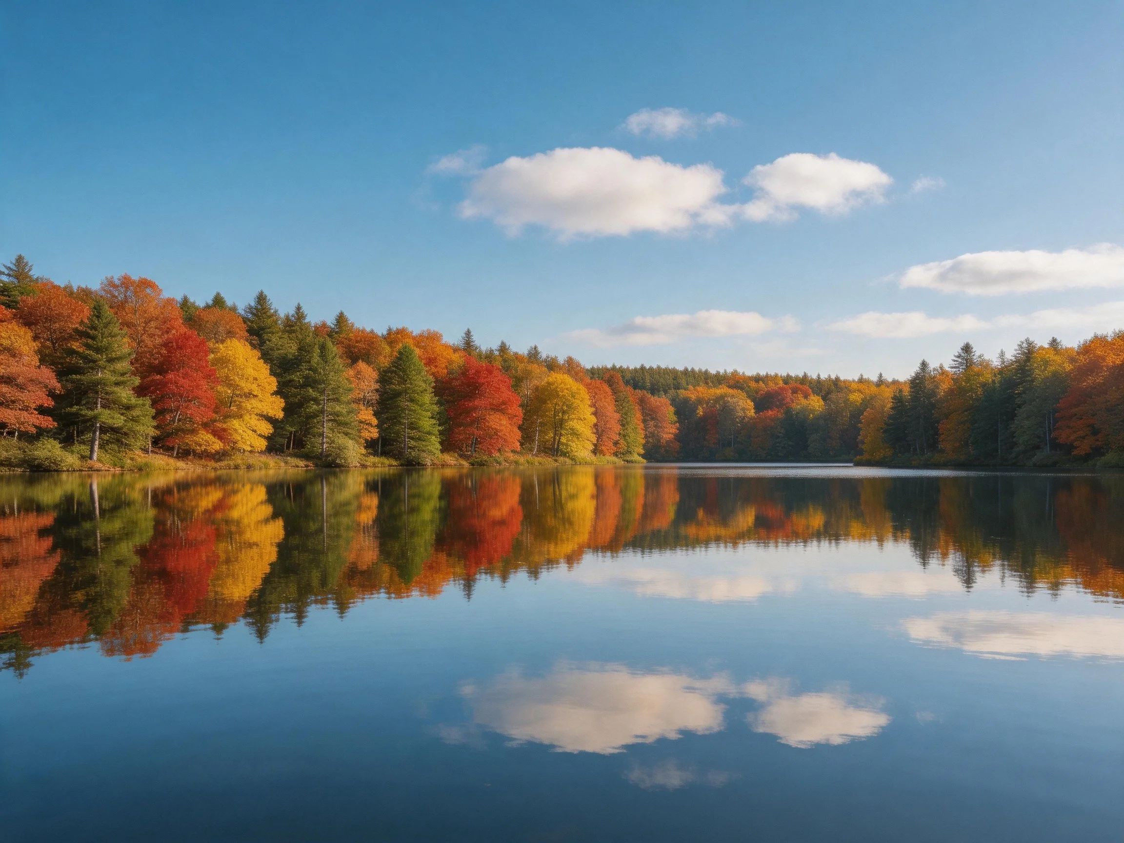 Colorful autumn trees reflected in calm lake with clear blue sky
