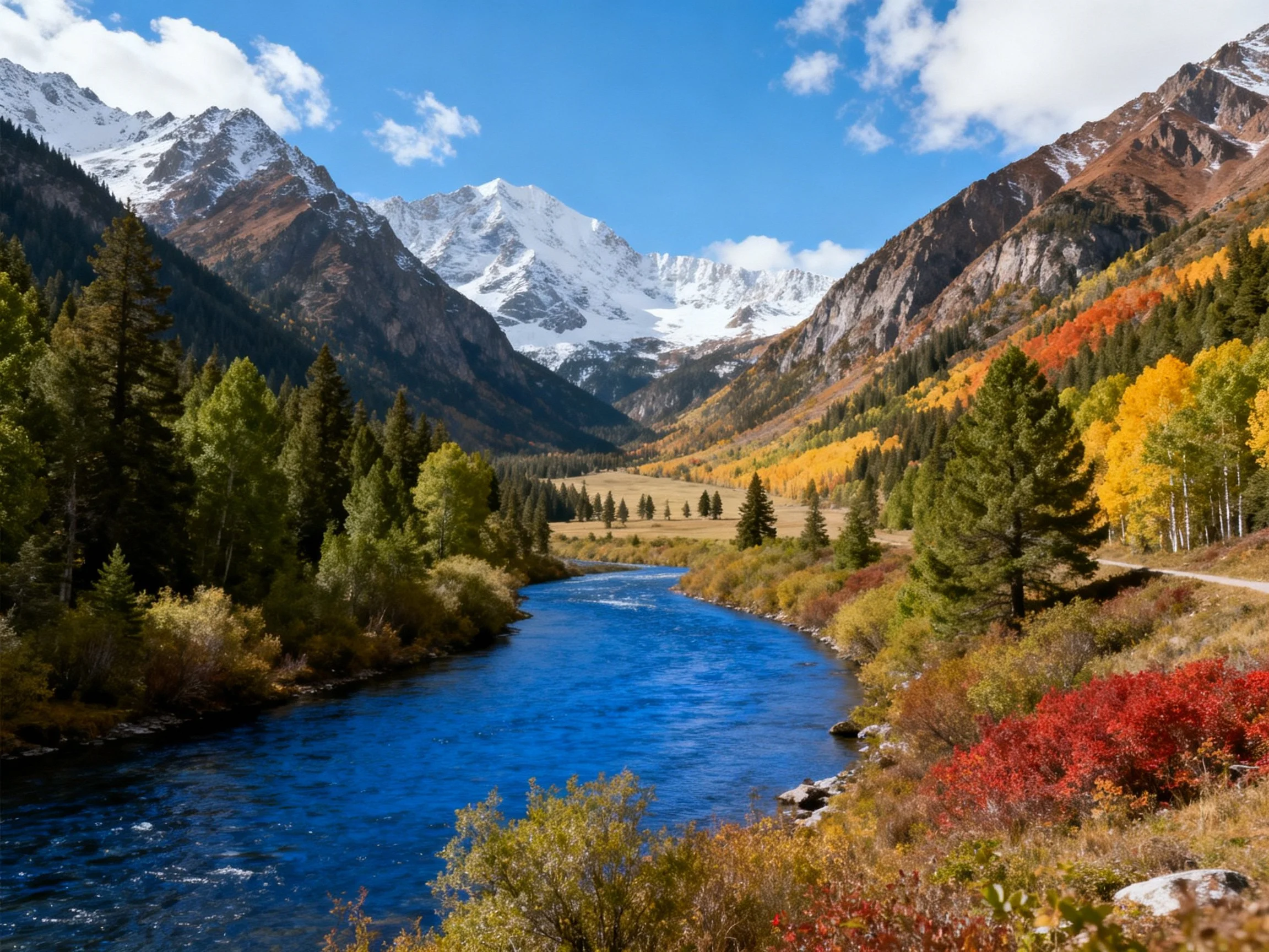 Colorful autumn valley with blue river and snow-capped peaks