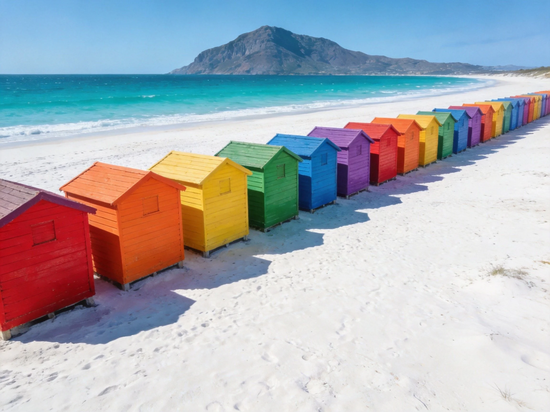 Colorful beach huts lined along pristine white sand shoreline