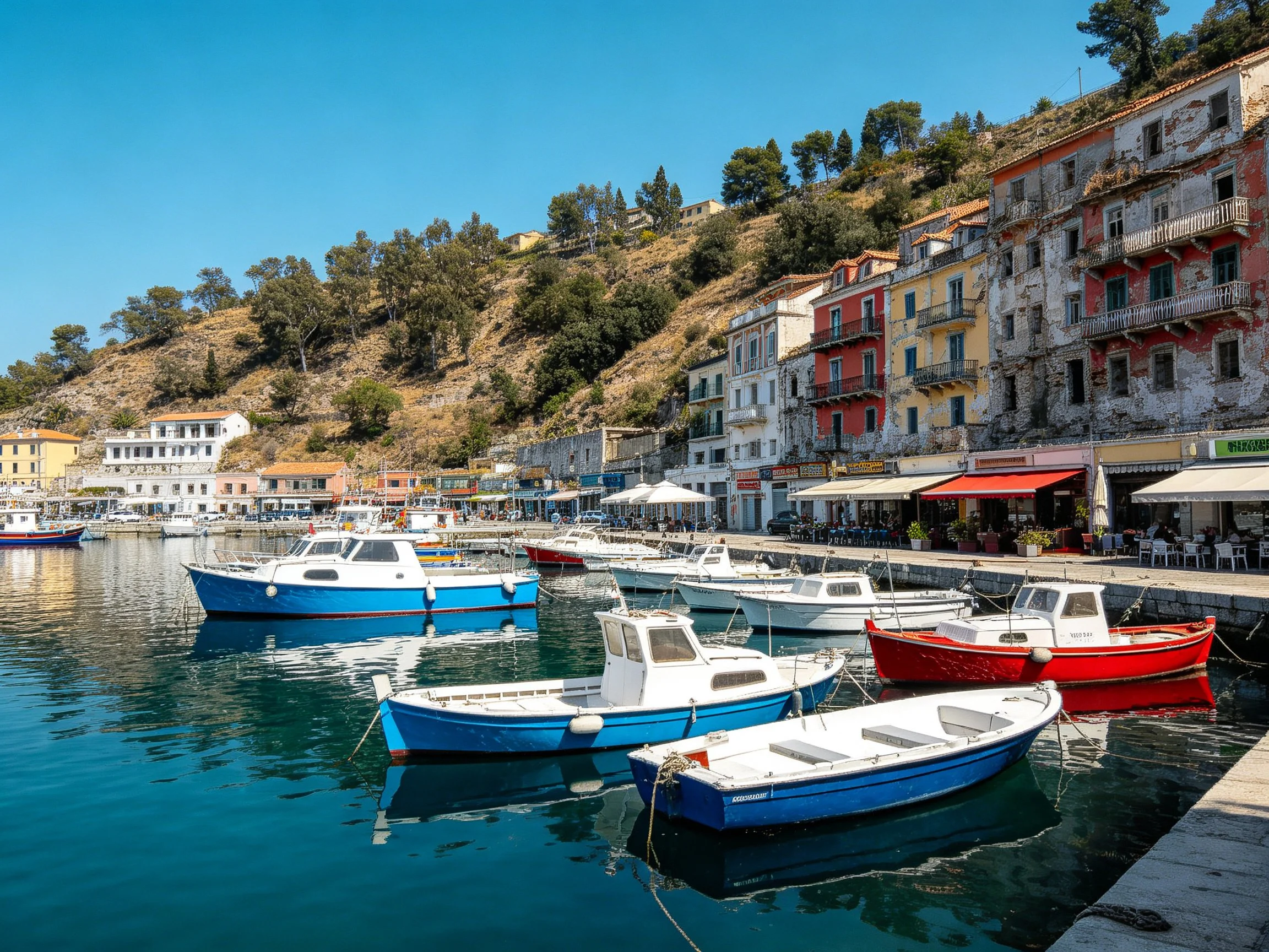 Colorful boats dock in historic coastal harbor with aged buildings