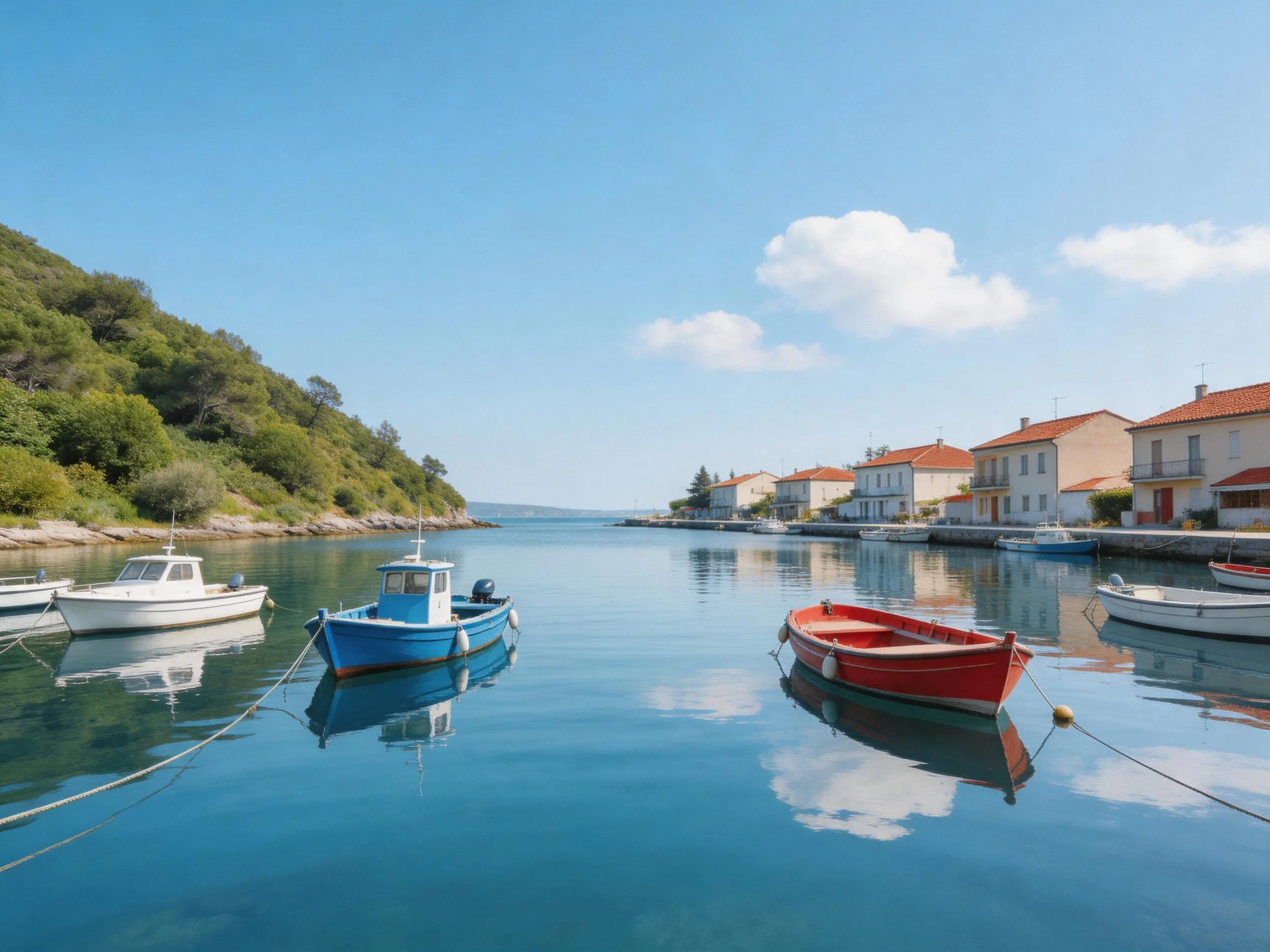 Colorful boats docked near red-tiled coastal homes